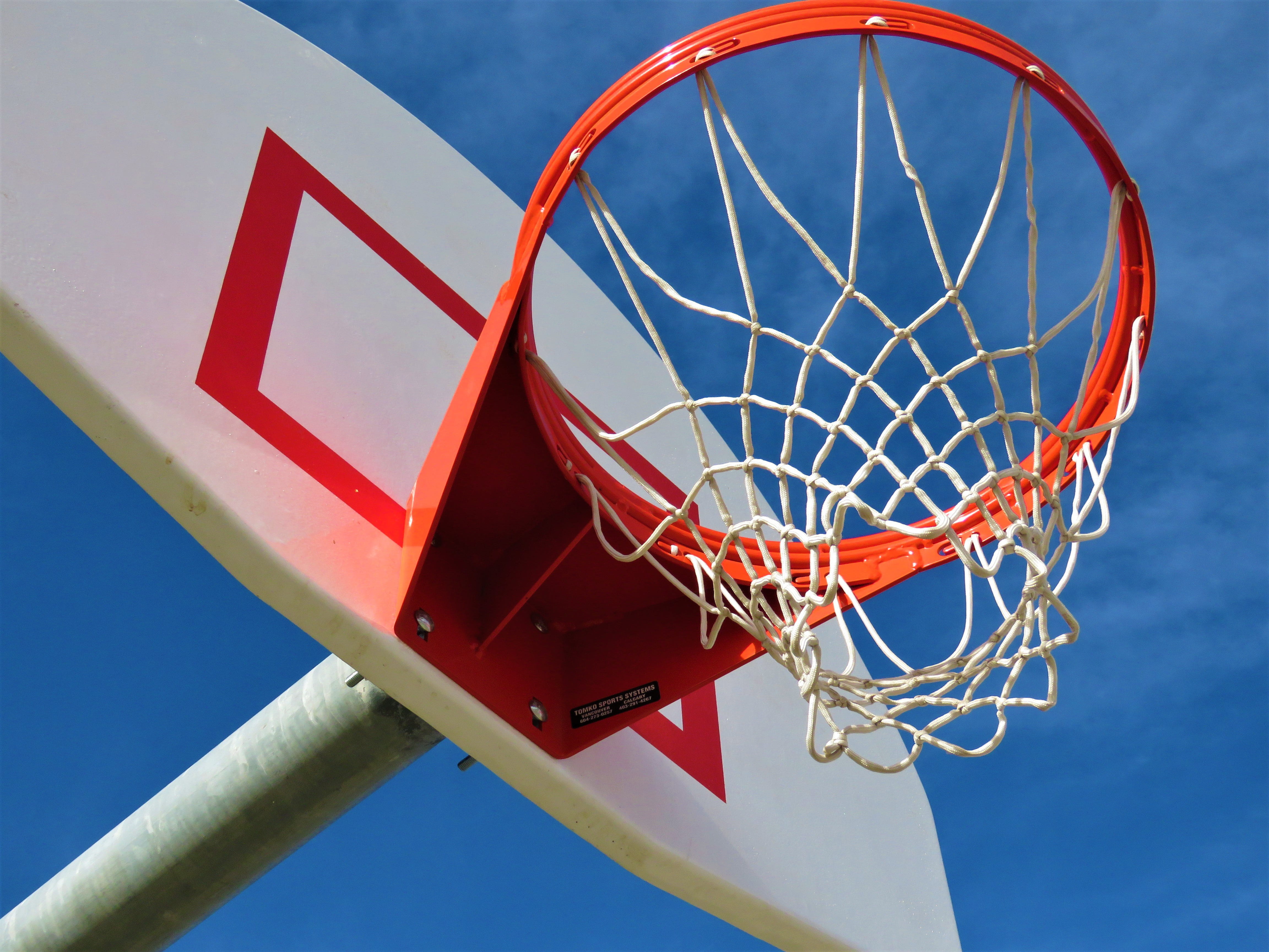 at the edge of, red, basketball, no people, sunny, court, competition, sky, outdoors, basketball hoop, nature, recreation, low angle view, backboard, sport, HD Wallpaper