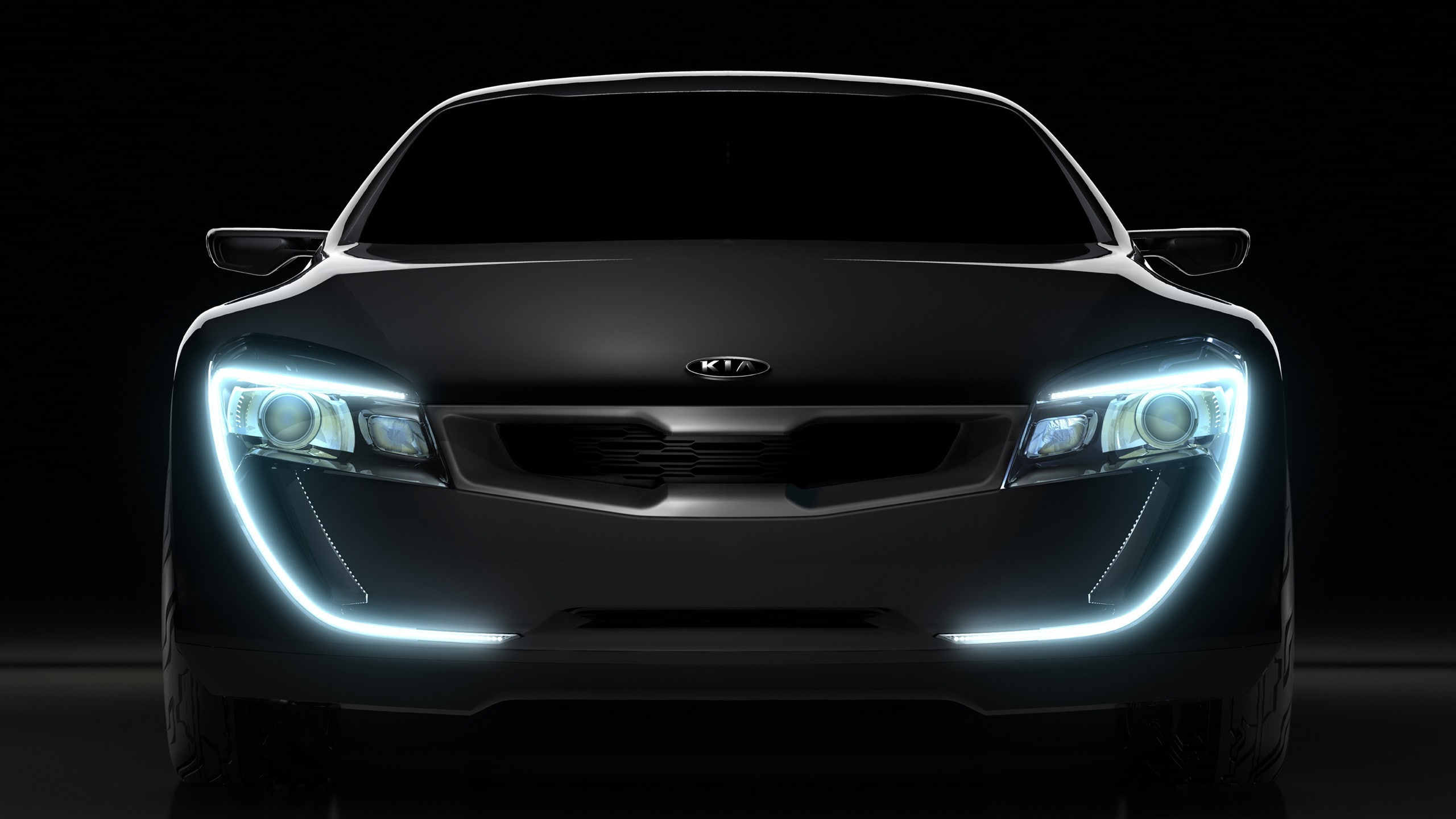 2K, sports car, shiny, front view, night, cut out, land vehicle, motor vehicle, black color, Kia, studio shot, illuminated, black background, wheel, car, HD Wallpaper