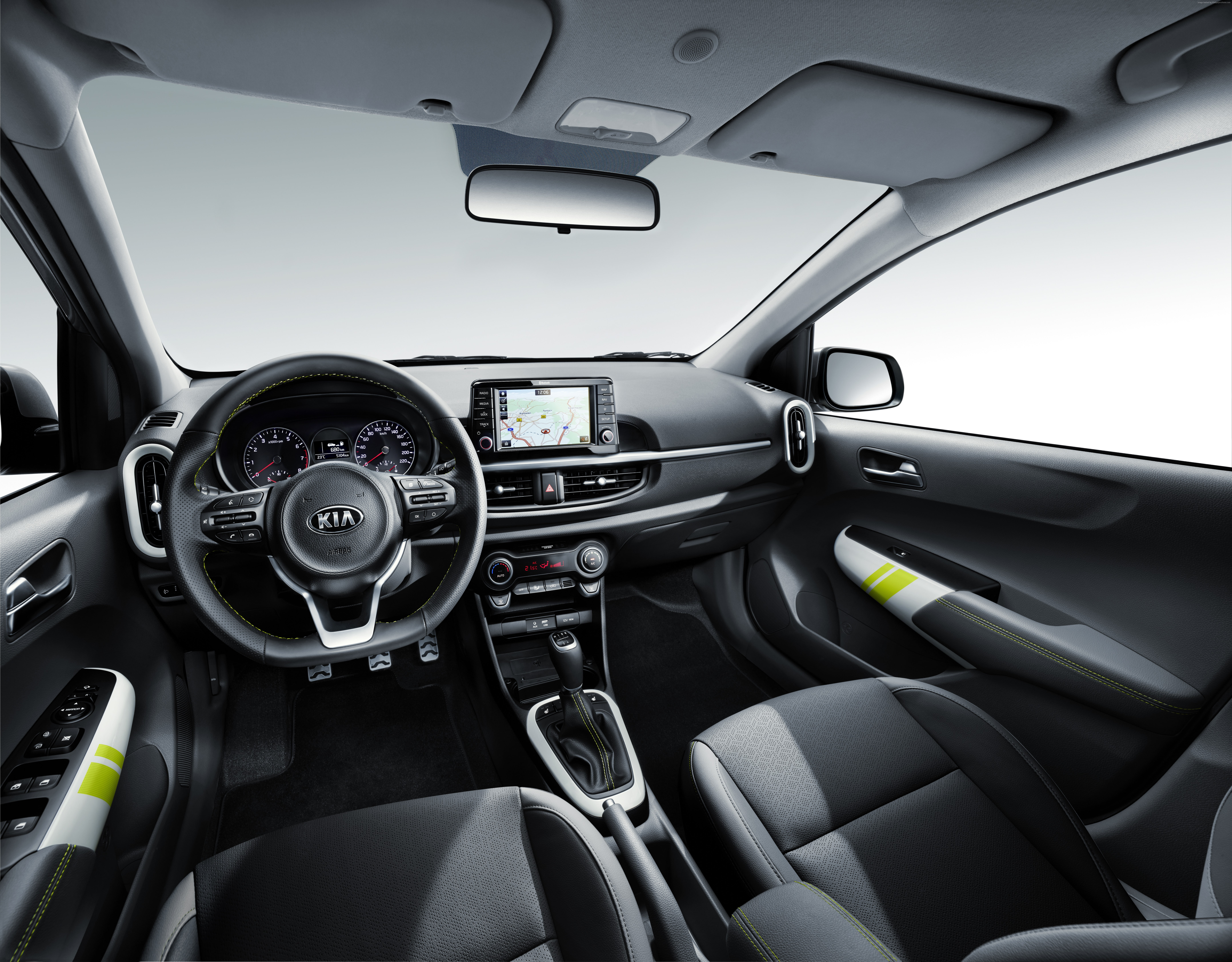 control, luxury, vehicle interior, indoors, mode of transportation, Kia Picanto X-Line, transportation, 8K, control panel, 8k, car interior, gearshift, HD Wallpaper