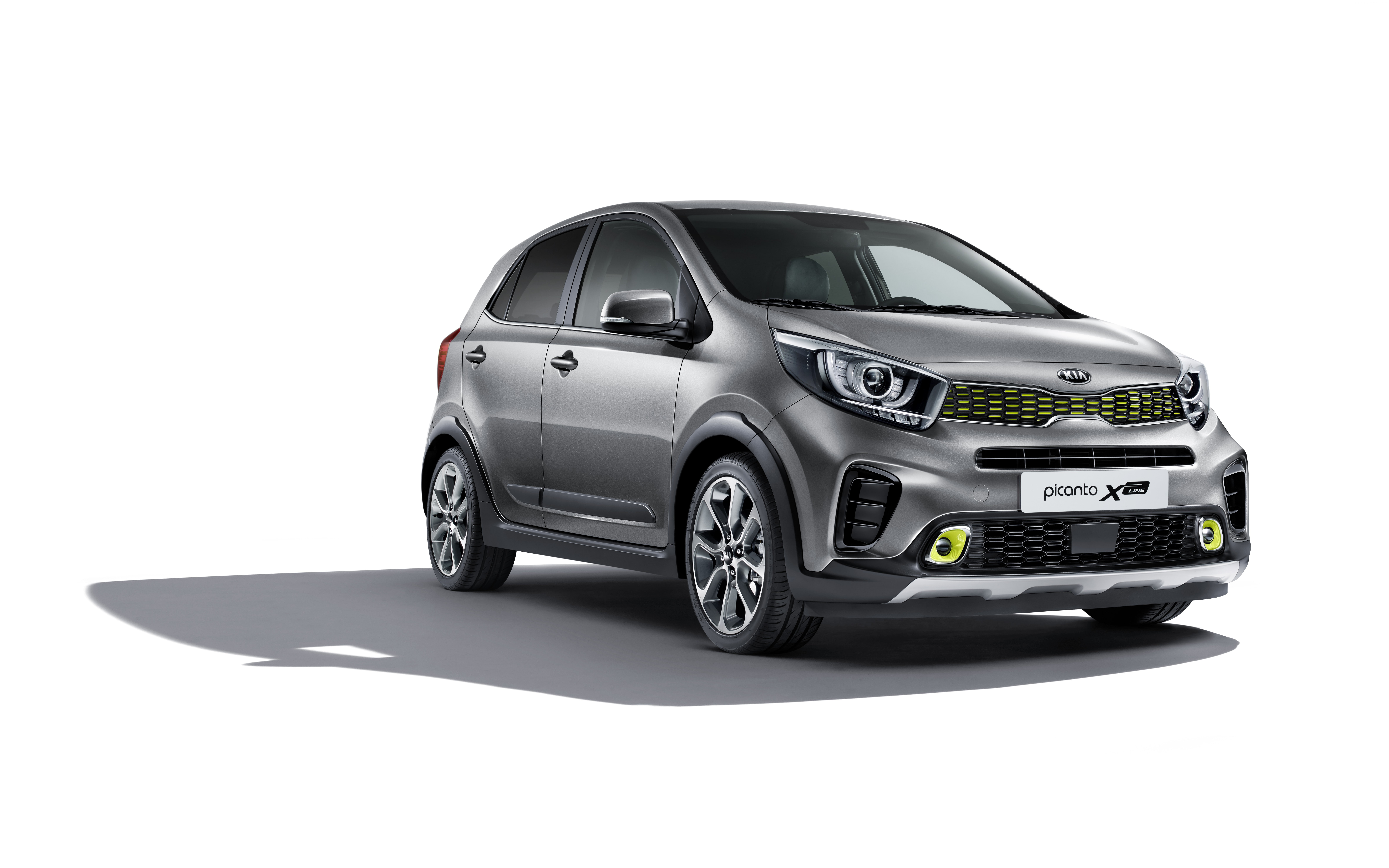 Kia Picanto X-Line, white background, cut out, gray, technology, copy space, metal, sports car, wheel, mode of transportation, car, 8K, close-up, fuel and power generation, HD Wallpaper