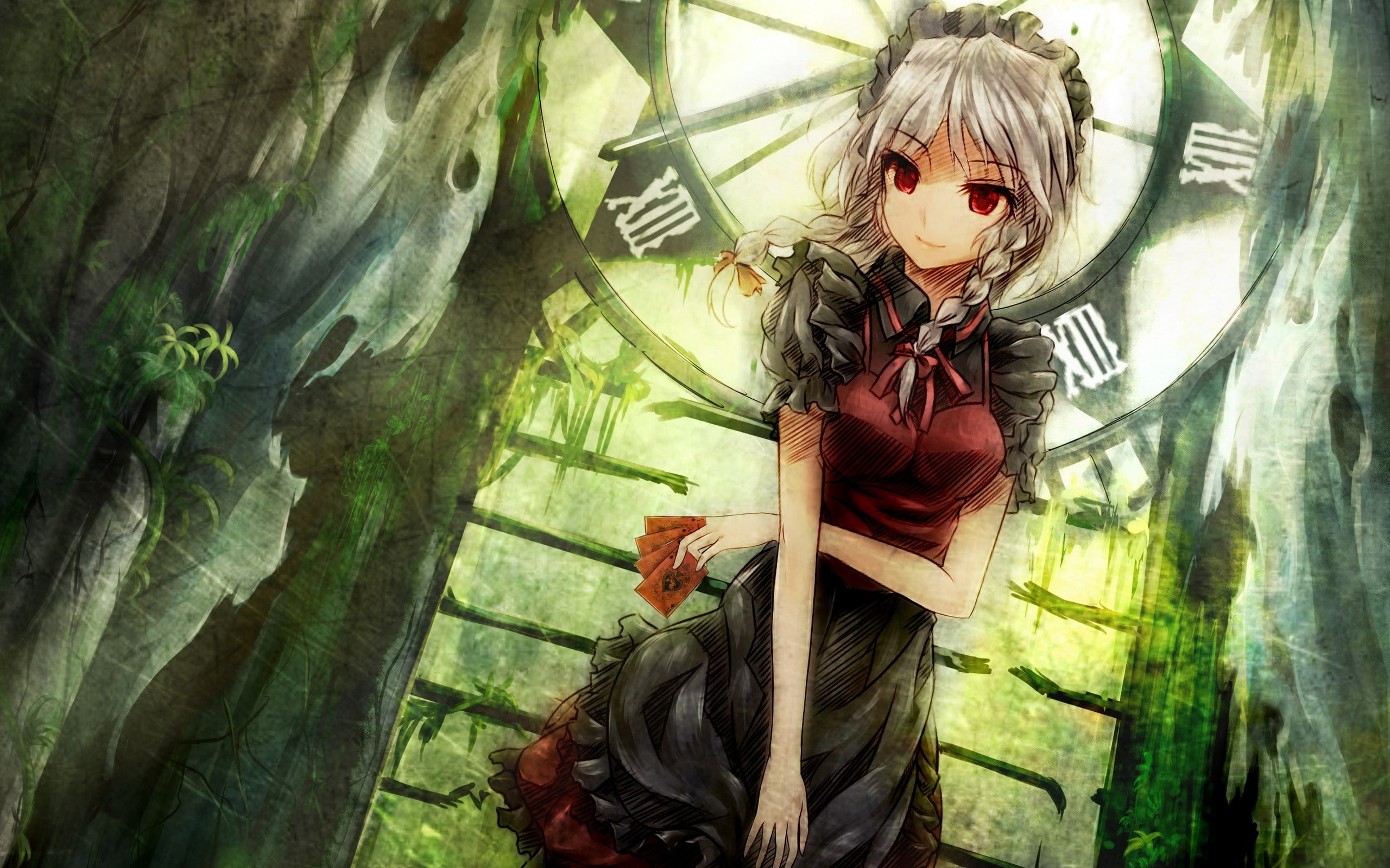 short, braids, Video Games, dress, red, art, hair, eyes, touhou, maids, bows, hd, games, cards, video, sakuya, clocks, 2K, ap, ribbons, izayoi, HD Wallpaper