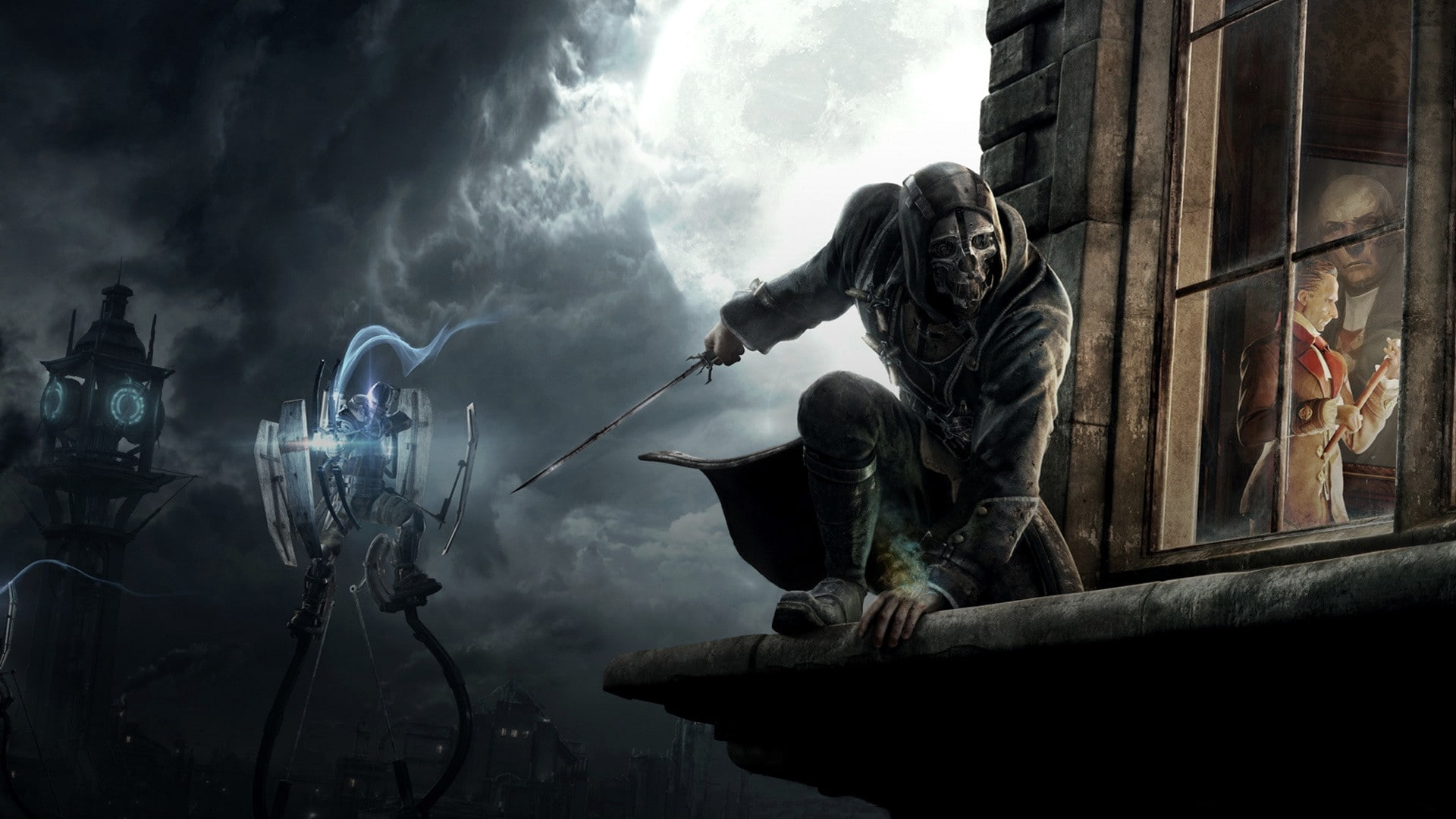 art, video, games, abstract, machines, clocks, softworks, dishonored, night, fantasy, bethesda, masks, swords, 1080P, Video Games, hd, artwork, HD Wallpaper