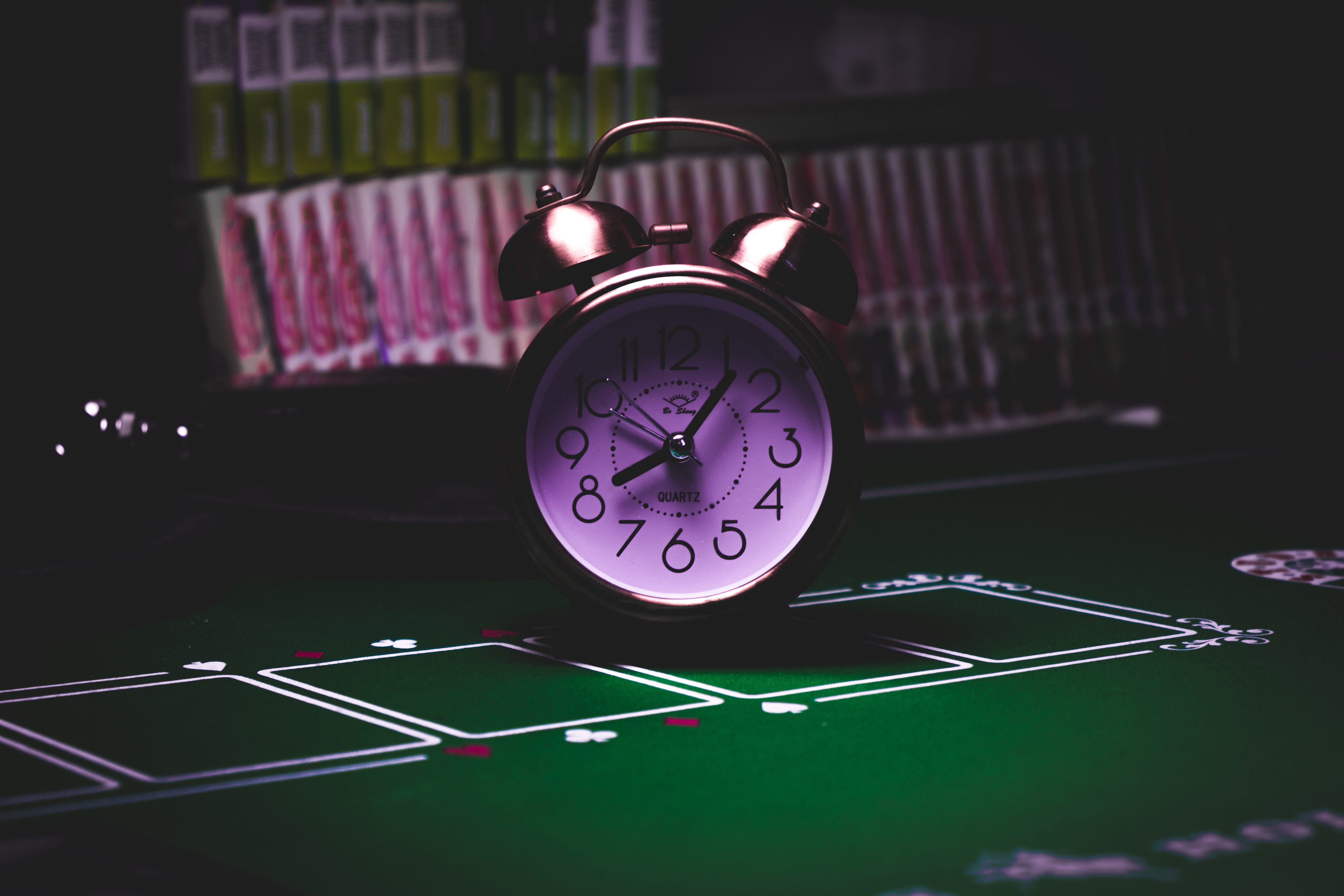 technology, watch, alarm, table, still life, green, gambling, leisure games, indoors, communication, green color, lights, number, night, bell, twin, purple, HD Wallpaper