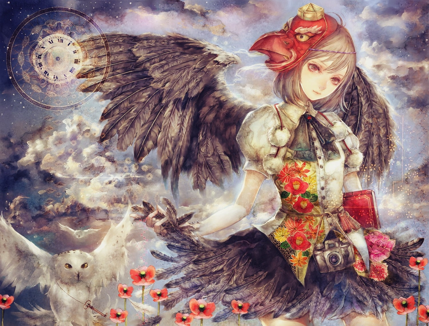 stars, 720P, wings, animals, Video Games, flowers, feath, hd, brown, clouds, eyes, birds, art, video, brunettes, touhou, clocks, skirts, games, HD Wallpaper