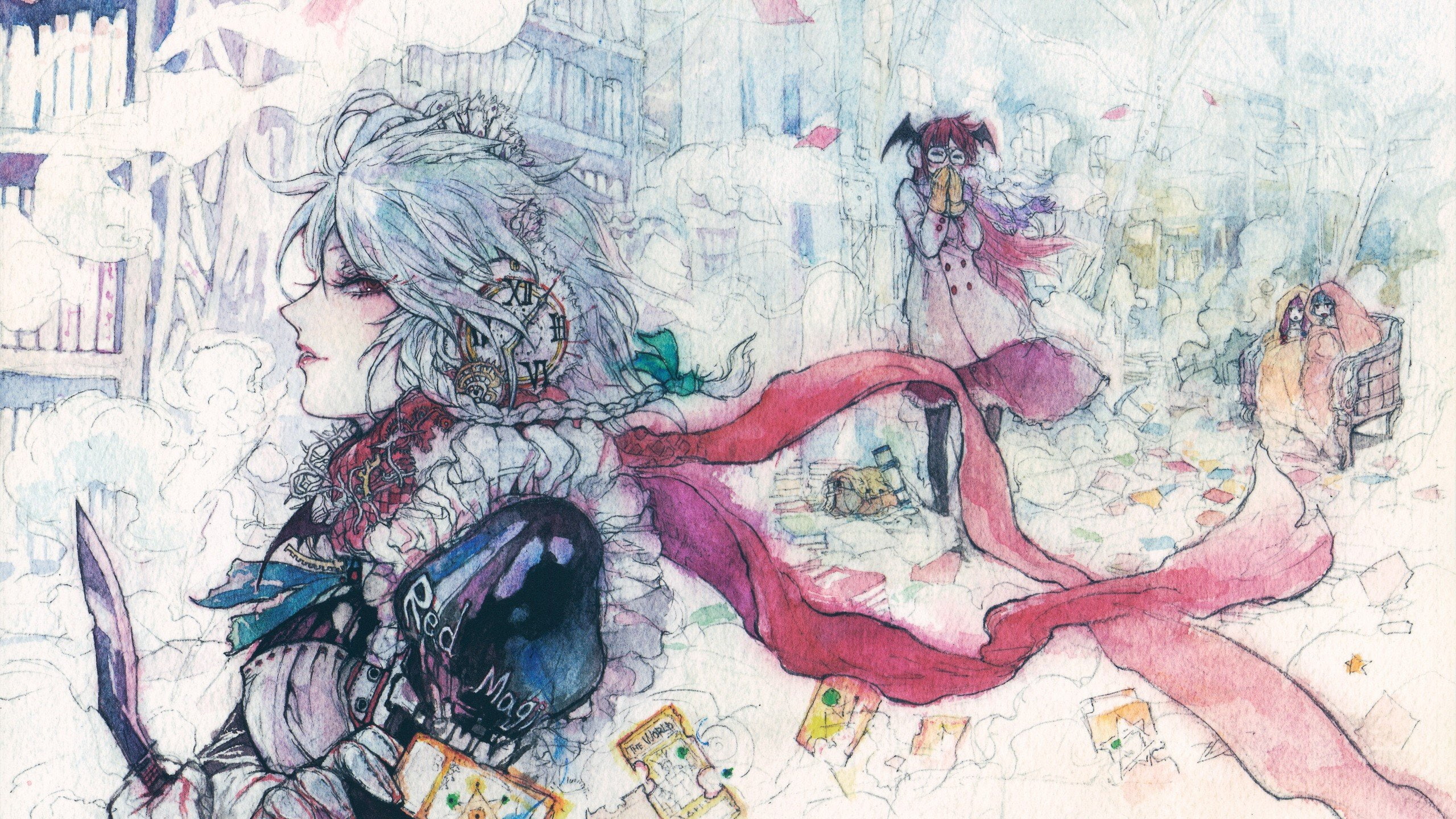 short, red, knowledge, knives, cards, scarlet, patchouli, meganekko, embodiment, izayoi, wings, devil, clocks, girl, video, games, bookshelf, bows, braids, HD Wallpaper