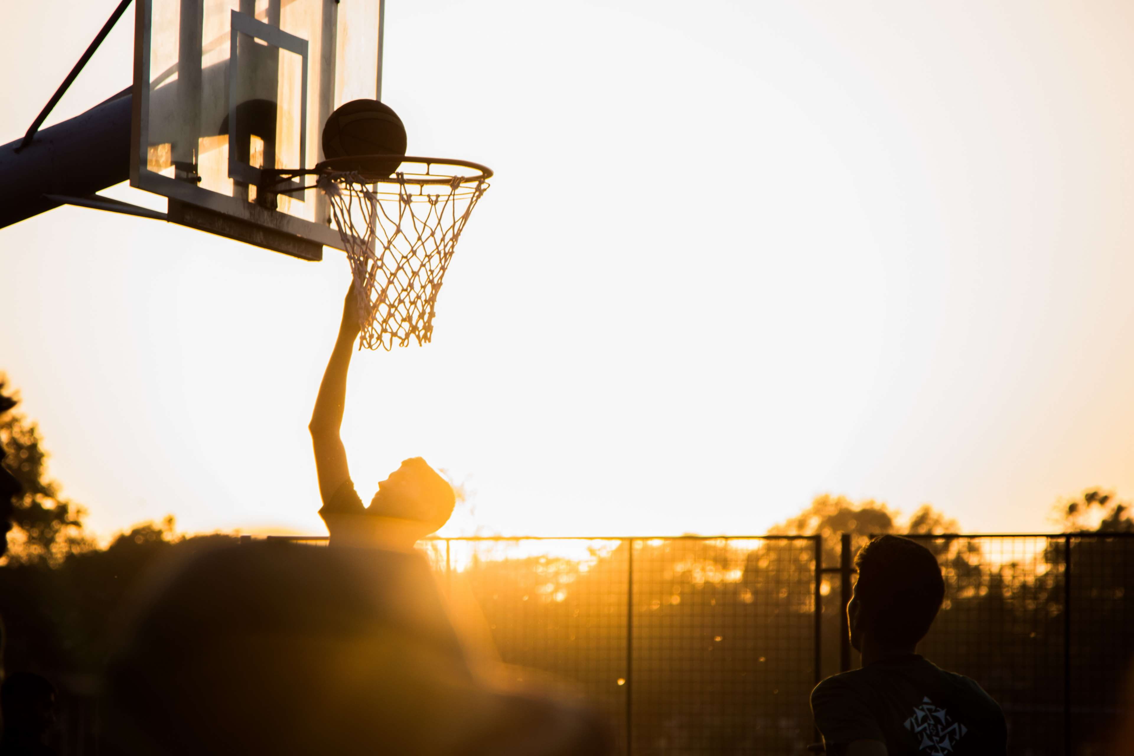 sky, game, basketball - sport, day, score, men, net, ball, sport, player, playing, basketball, rear view, tourn, lens flare, sunset, court, basket, match, HD Wallpaper
