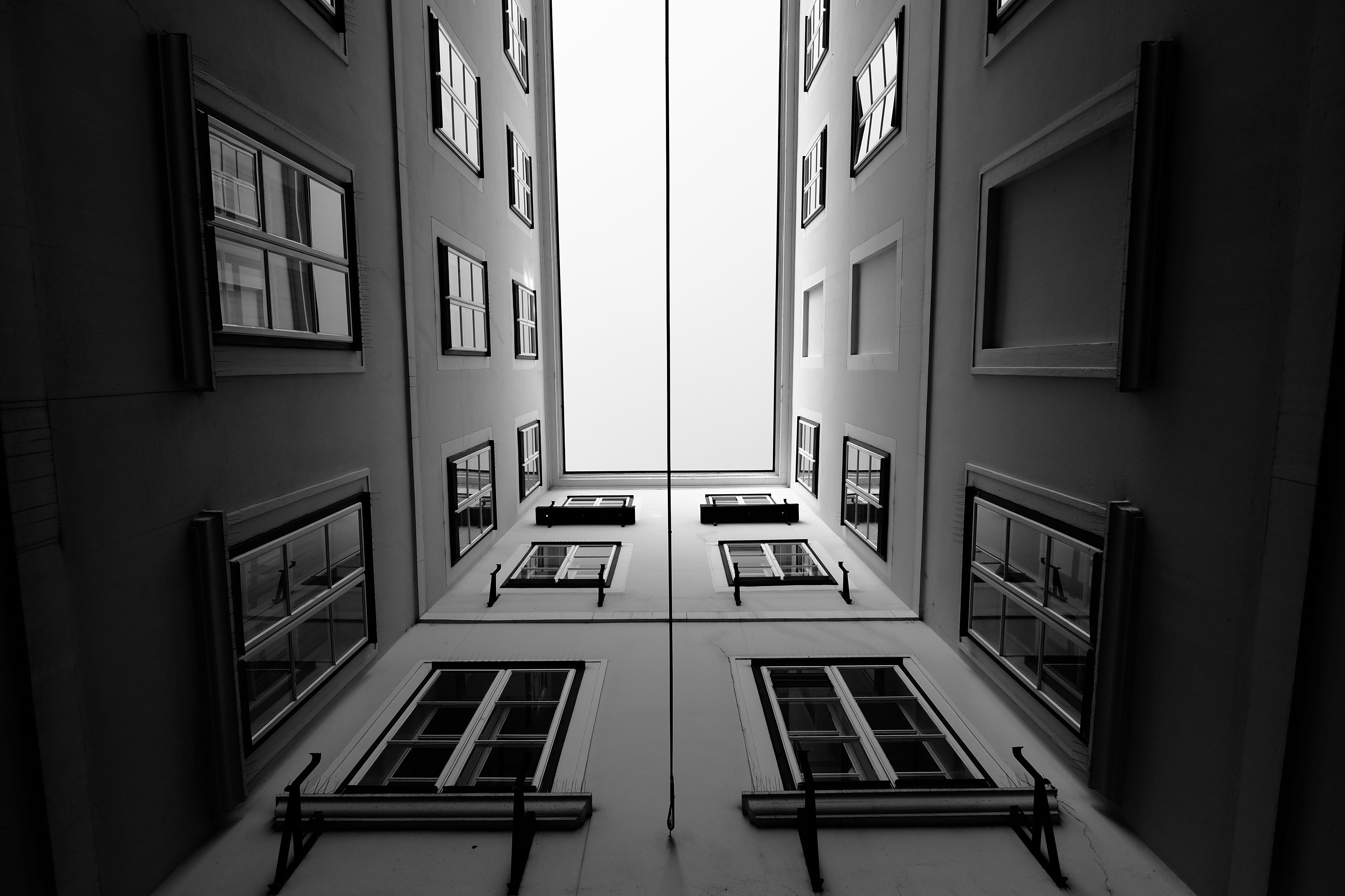 road, eye, austria, door, glass, reflection, apartment, urban, city, low angle view, glass - material, closed, black and white, window, looking up, vienna, HD Wallpaper
