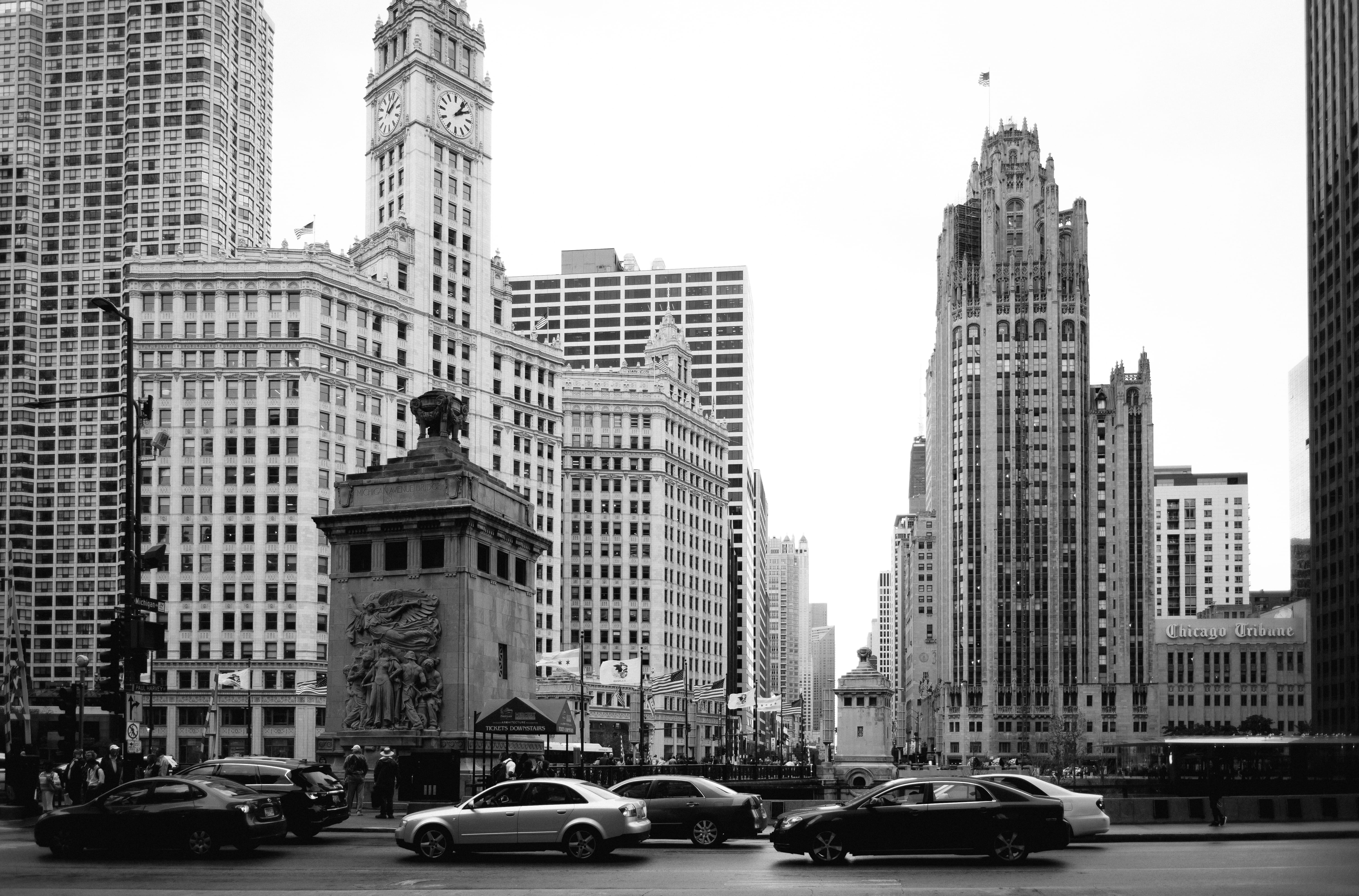 city, cityscape, rise, city street, office building exterior, street, land vehicle, cars, citylife, black and white, high, car, mode of transportation, HD Wallpaper