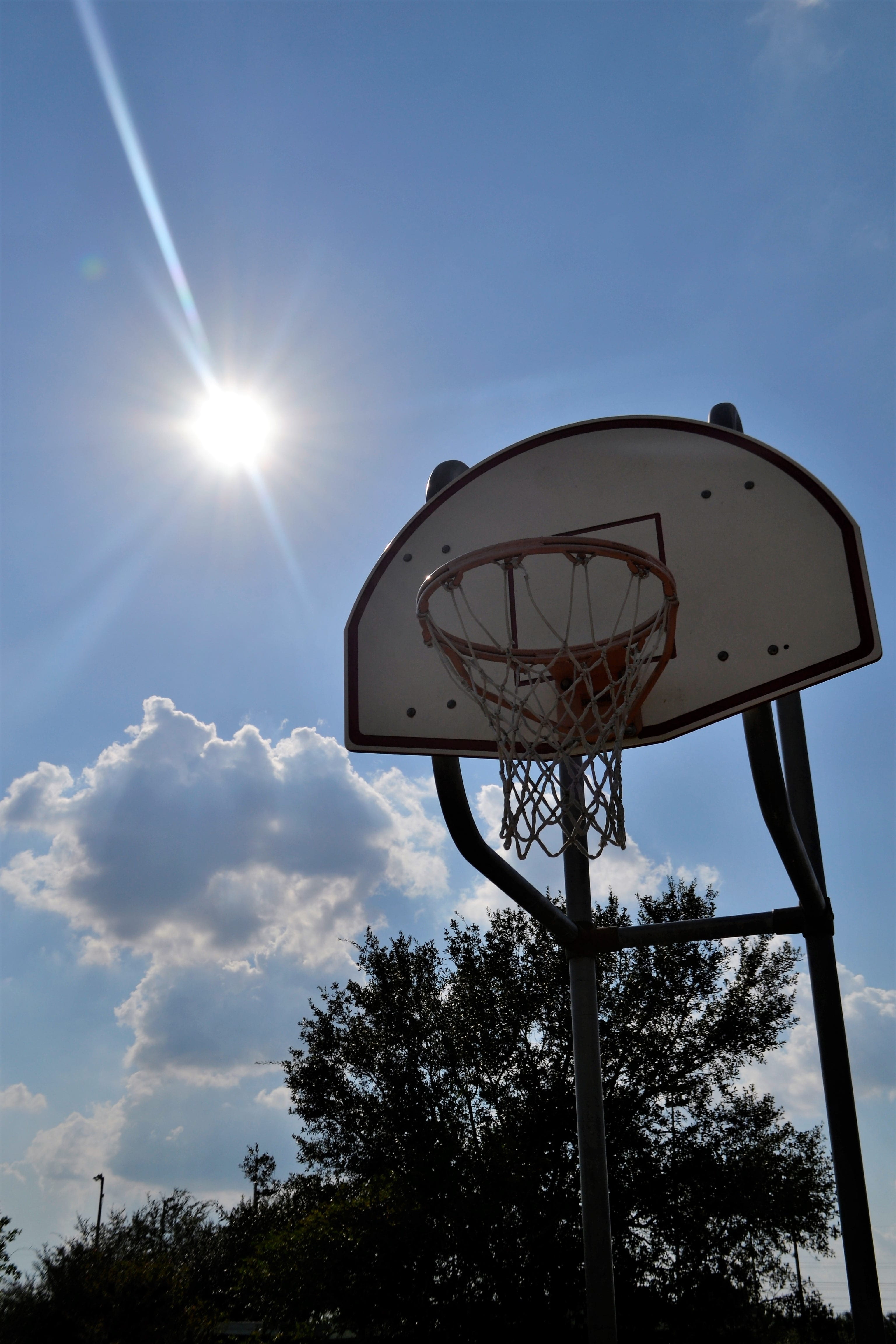 net, ball, 4K, blue sky, summer, outdoor, houston, fun, sky, outdoor basketball court, board, game, cloud - sky, equipment, silhouette, basket, outdoors, Phone HD Wallpaper