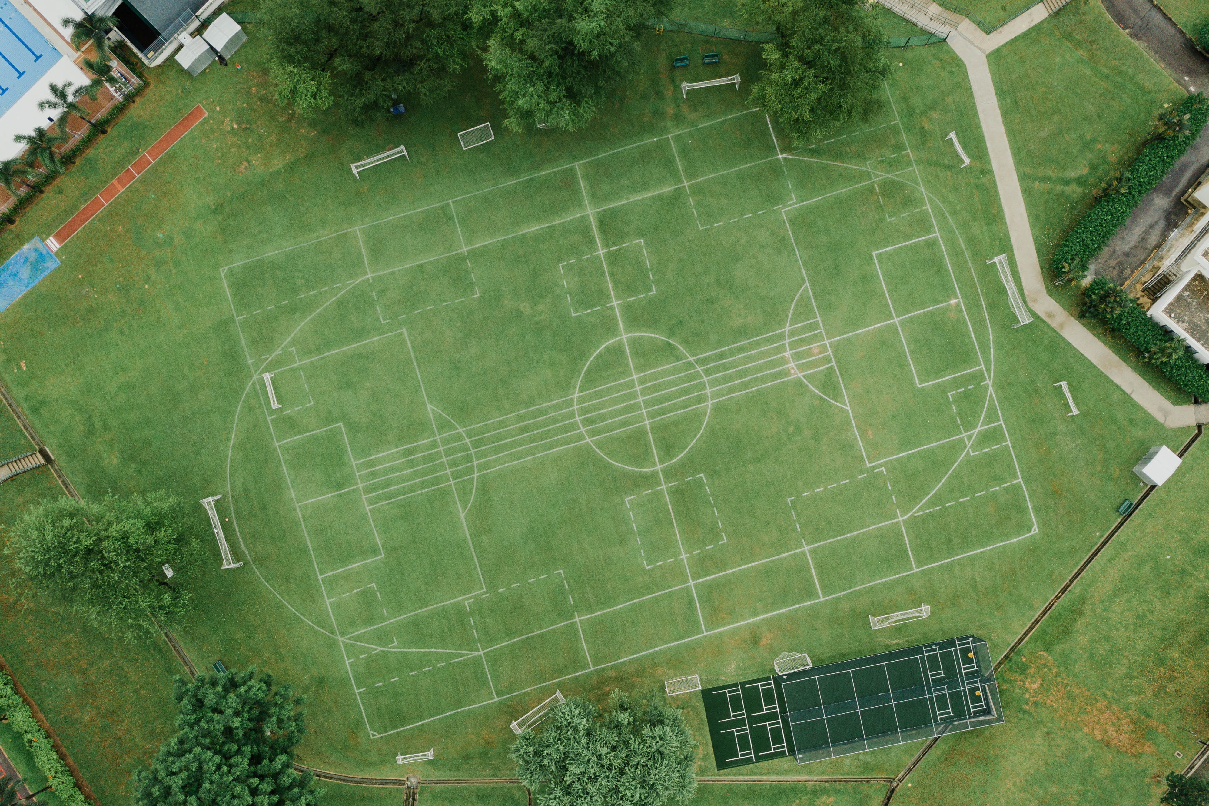 stadium, empty, above, environment, grass, path, soccer, no people, sport, view, trees, building exterior, drone view, aerial, city, aerial view, photography, HD Wallpaper