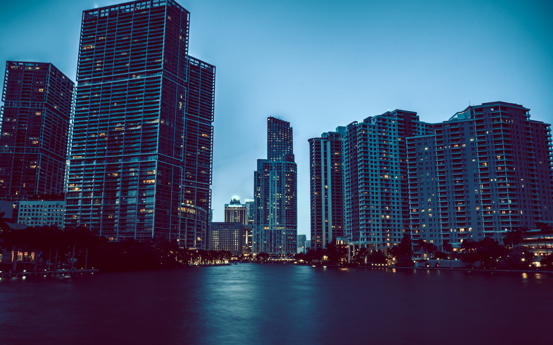 urban Skyline, urban Scene, Miami, dusk, river, landscape, water, waterfront, building Exterior, building, city, tall - high, skyscraper, nature, tower, HD Wallpaper