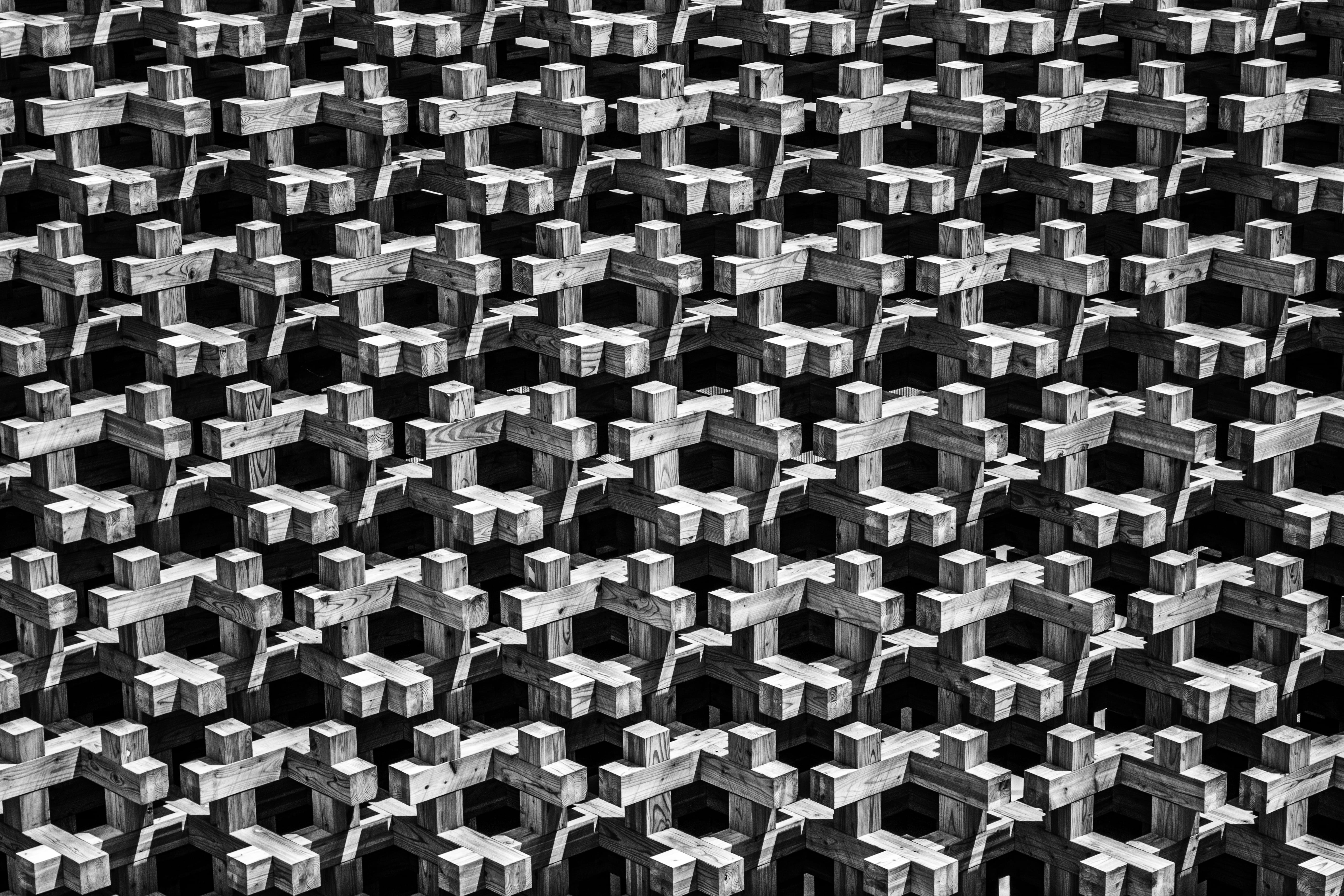 pattern, large group of objects, building, in a row, black Color, wood, 5K, Pavilion, textured, outdoors, group of people, audience, arrangement, order, HD Wallpaper