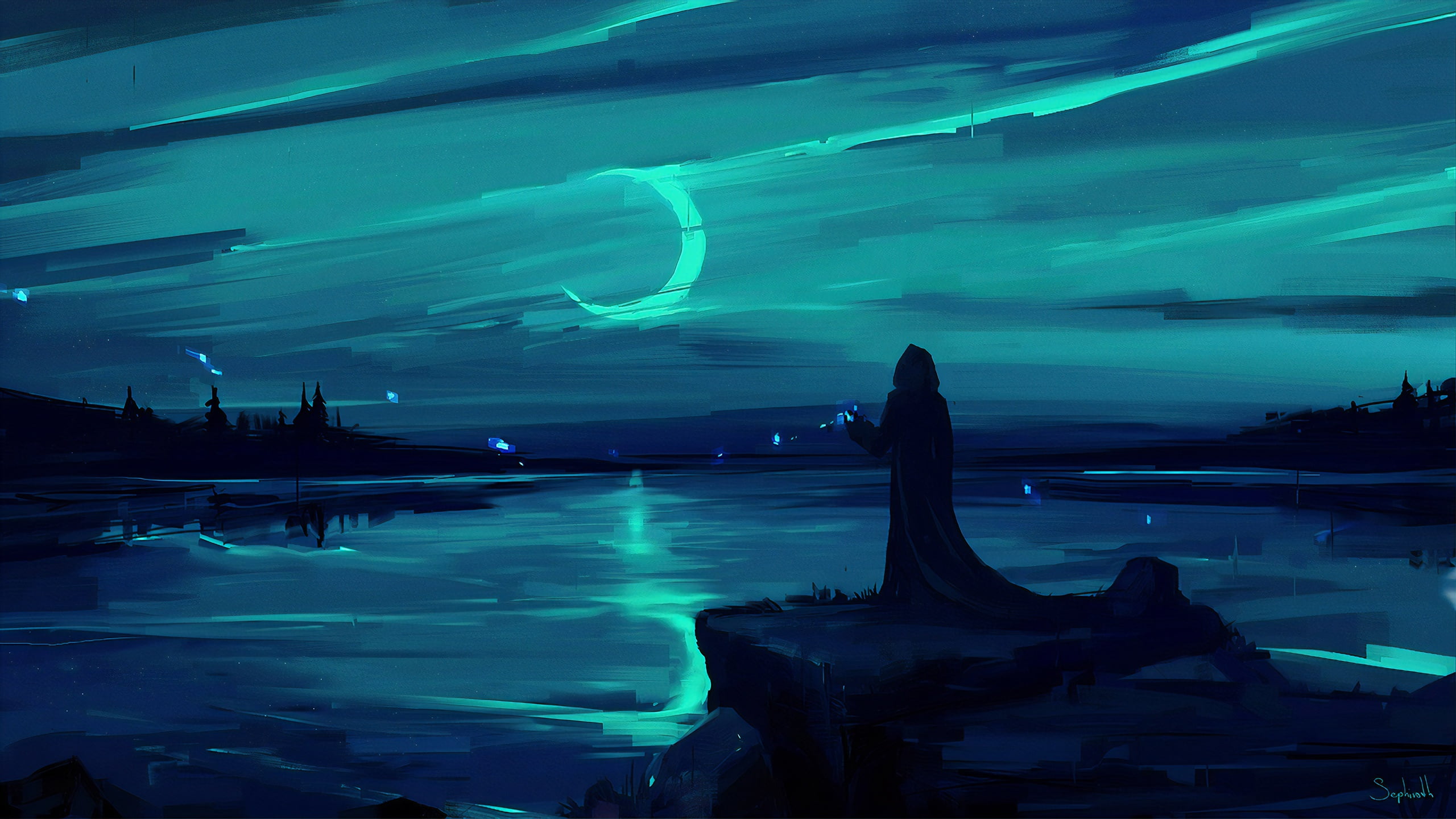flection, digital painting, fantasy, paint brushes, cloak, night, atmosphere, hood, digital art, painting, darkre, lake, sorcerer, moon, landscape, man, HD Wallpaper
