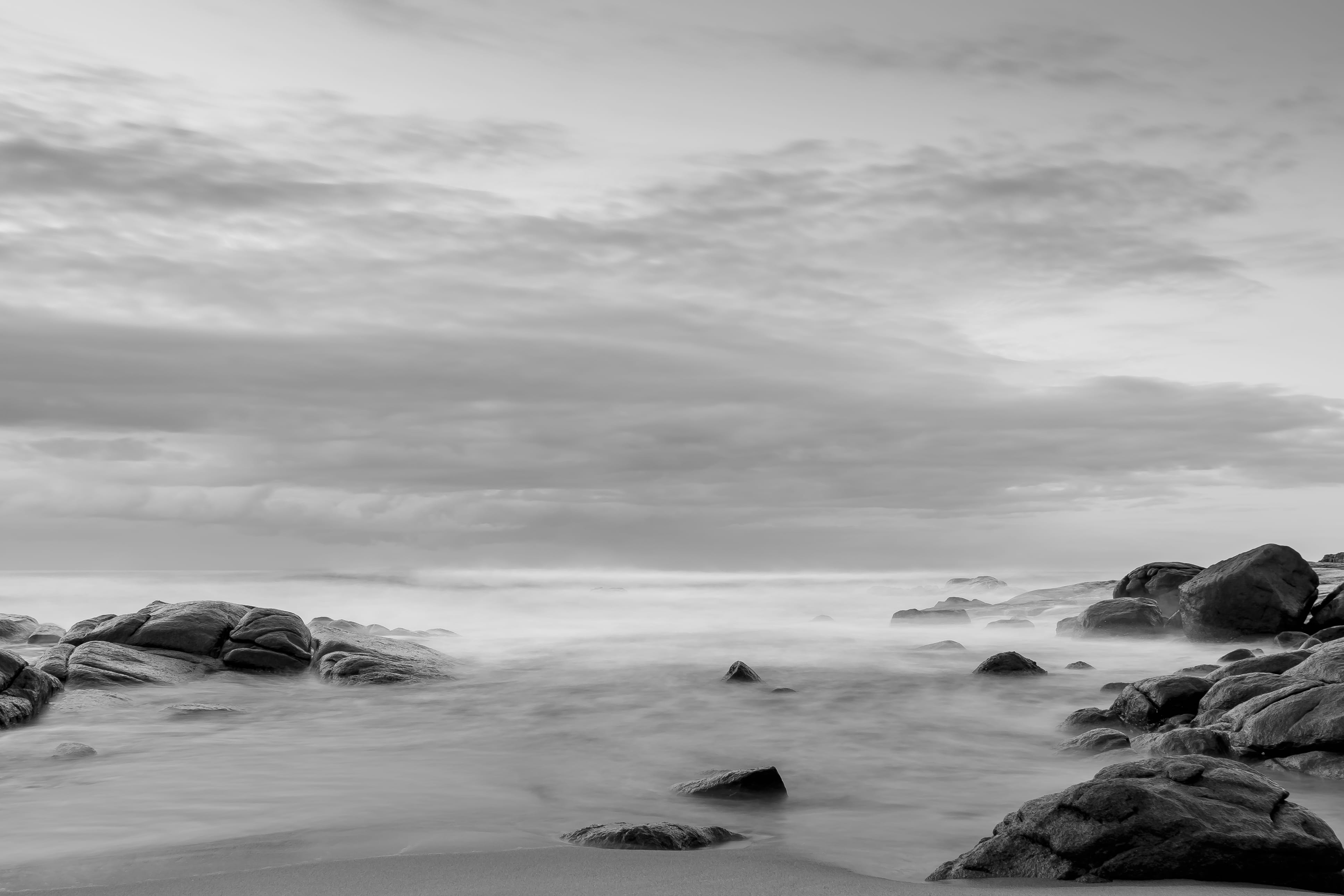 body, grayscale, non-urban scene, tranquility, seascape, long exposure, surrounded, cloud, outdoors, photo, solid, ocean, motion, formation, rock - Object, HD Wallpaper