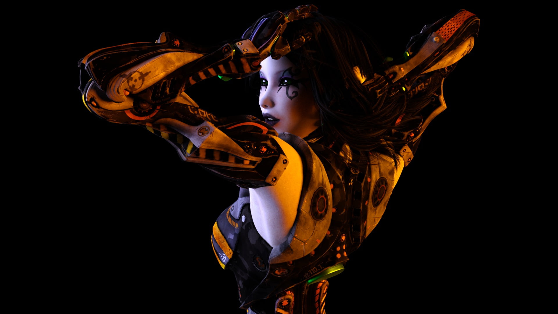 costume, 1080P, fashion, robot, looking away, yellow, women, human arm, cyborg, front view, arts culture and entertainment, young adult, three quarter length, HD Wallpaper