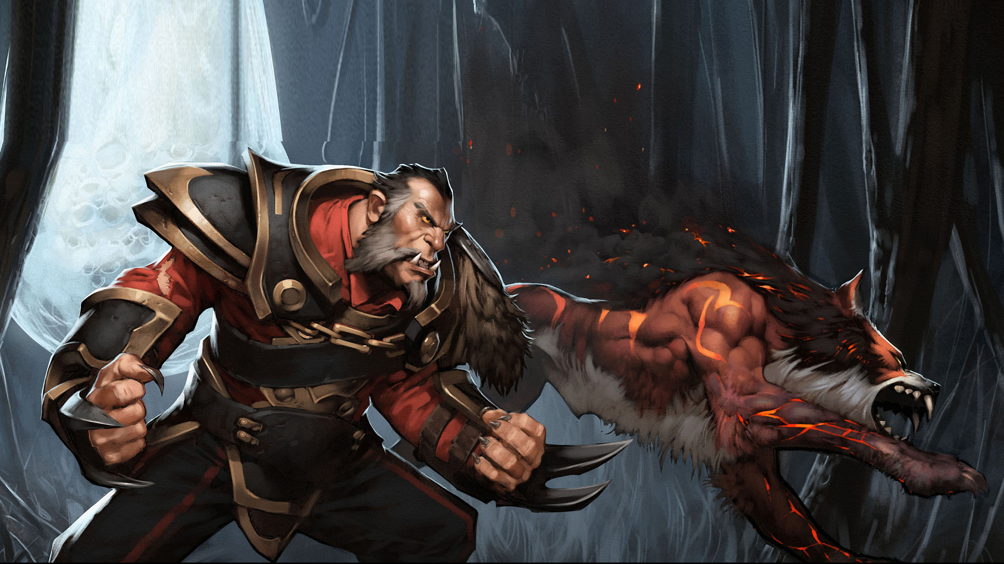 2K, two people, abilities, sword, eyes closed, indoors, adult, young men, waist up, aggression, lycan, summon, weapon, clothing, wolves, mobile, dota, HD Wallpaper