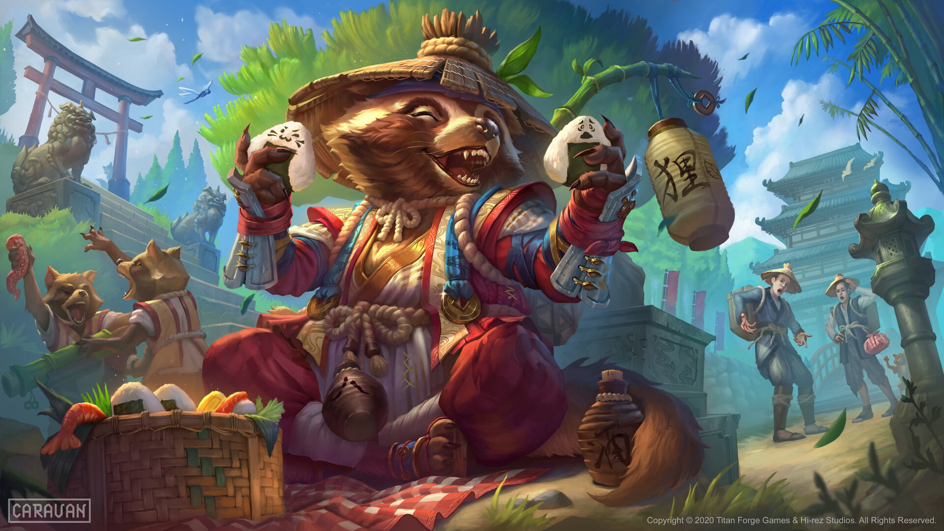 Smite, Asian architecture, 1080P, Ramza Ardyputra, raccoons, rice, digital art, HD Wallpaper
