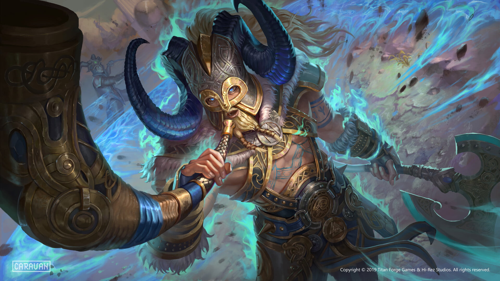 digital art, Ramza Ardyputra, Smite, Heimdall, Axe, horns, 1080P, viking, HD Wallpaper