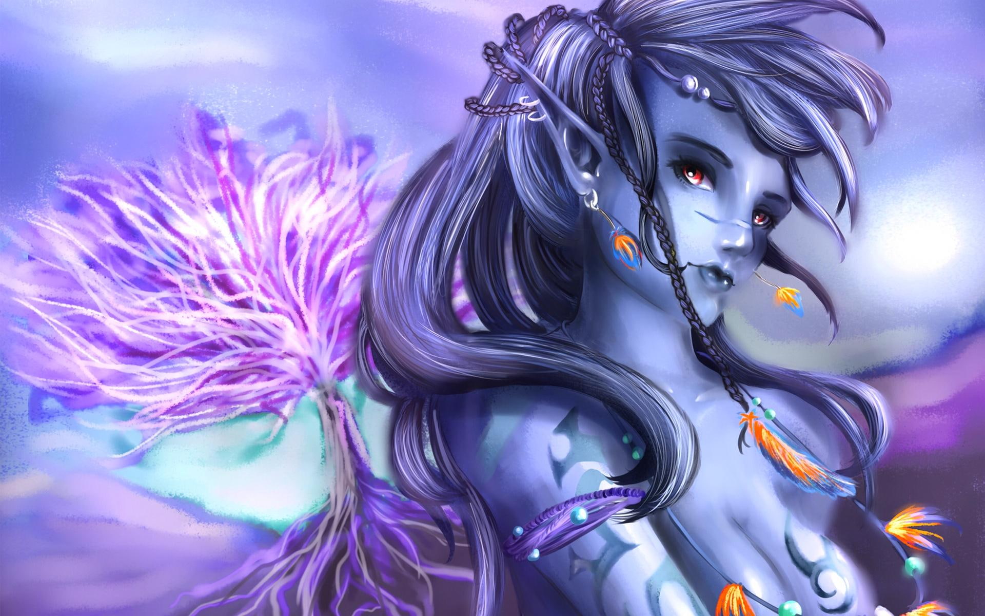girl, dark, elf, jewelry, senryuji, 3d and abstract, 1080P, dark braids, feathers, wood, HD Wallpaper