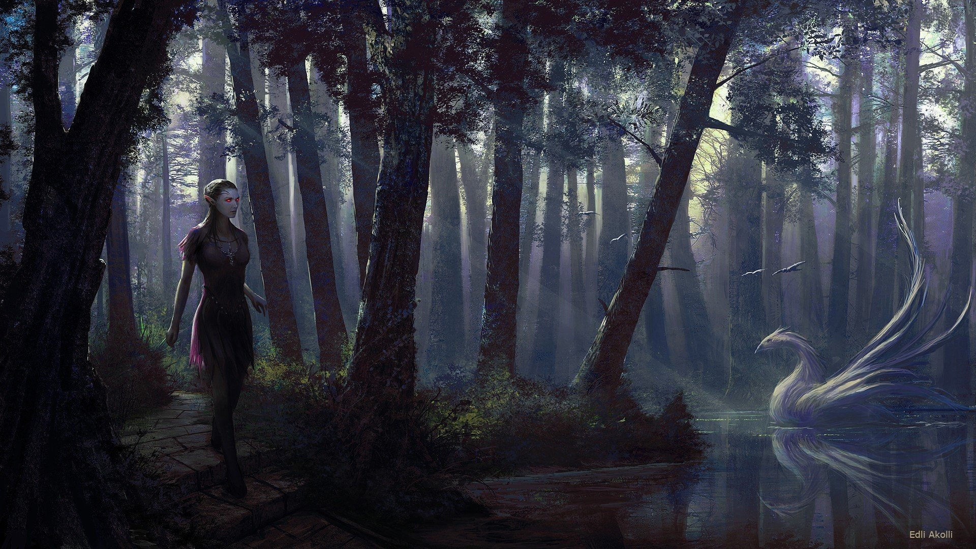 elf, dragon, 1920x1080, tree, arts, 1080P, dark, swan, lake, art, fantasy, forest, HD Wallpaper