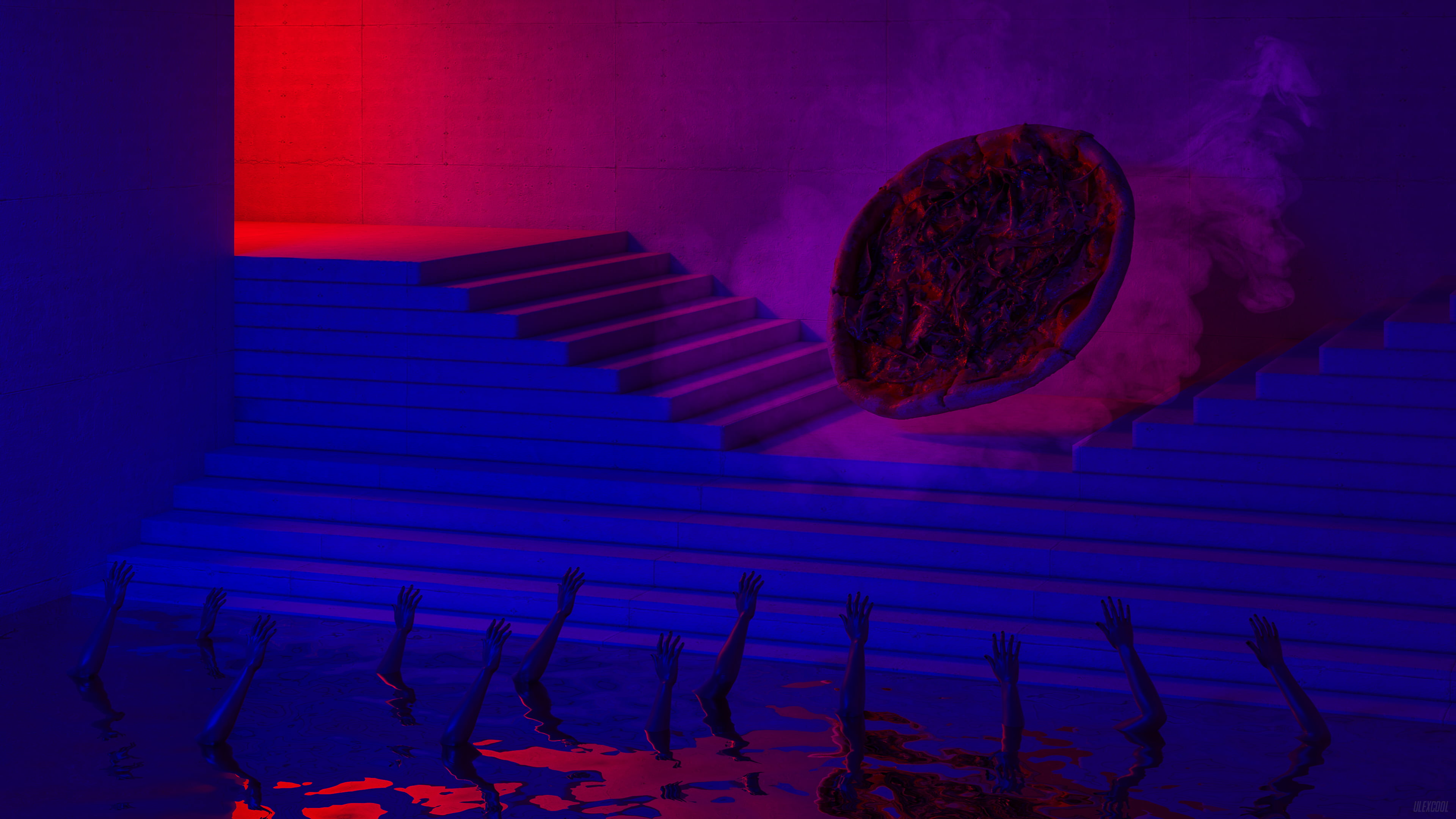 hands, water, blue, stairs, 4K, reflection, cult, neon, pizza, cultist, red, HD Wallpaper