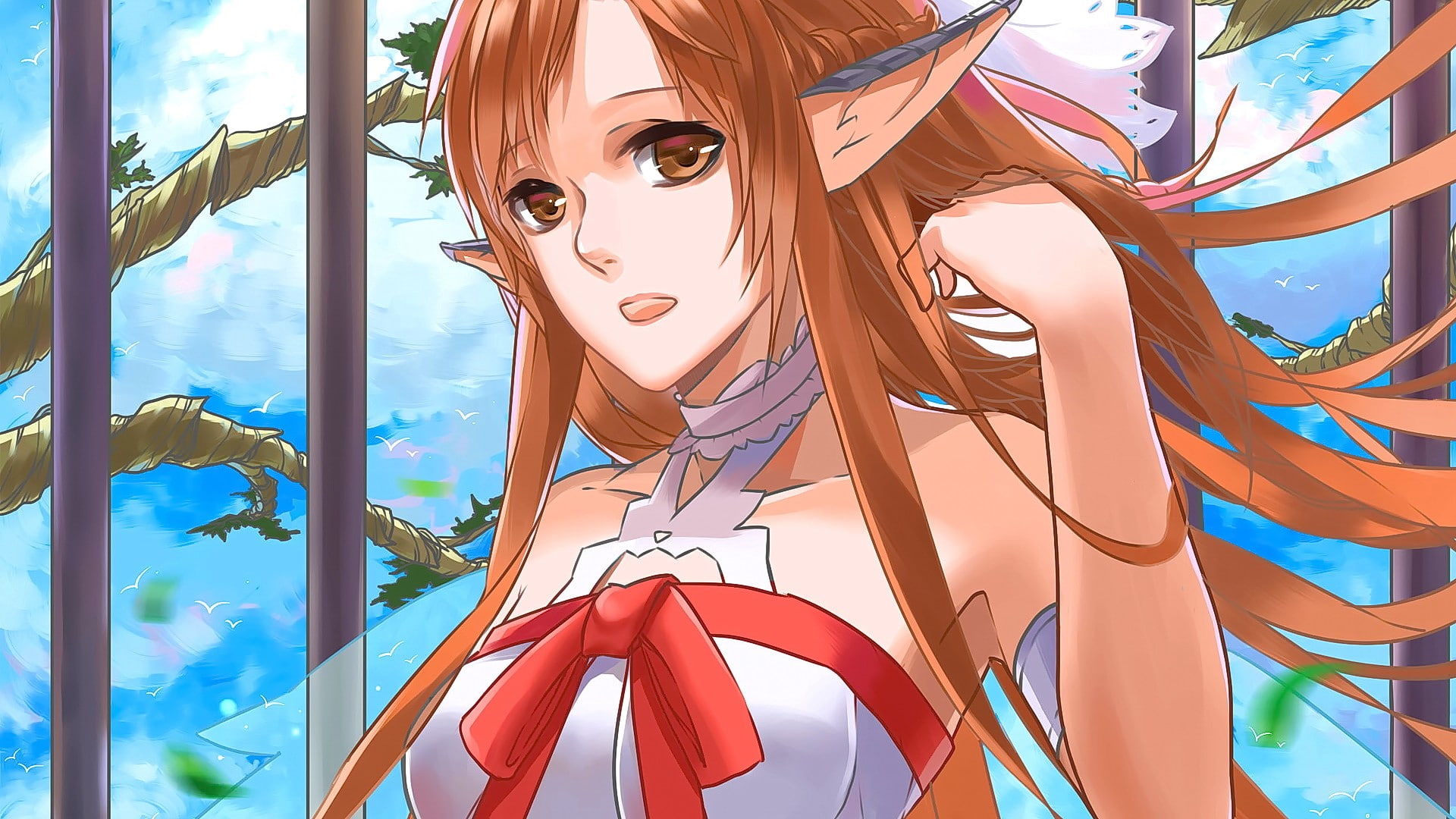 elves, brown eyes, anime, pointed ears, Sword Art Online, anime girls, long hair, sky, 1080P, looking at viewer, clouds, Yuuki Asuna, brunette, HD Wallpaper