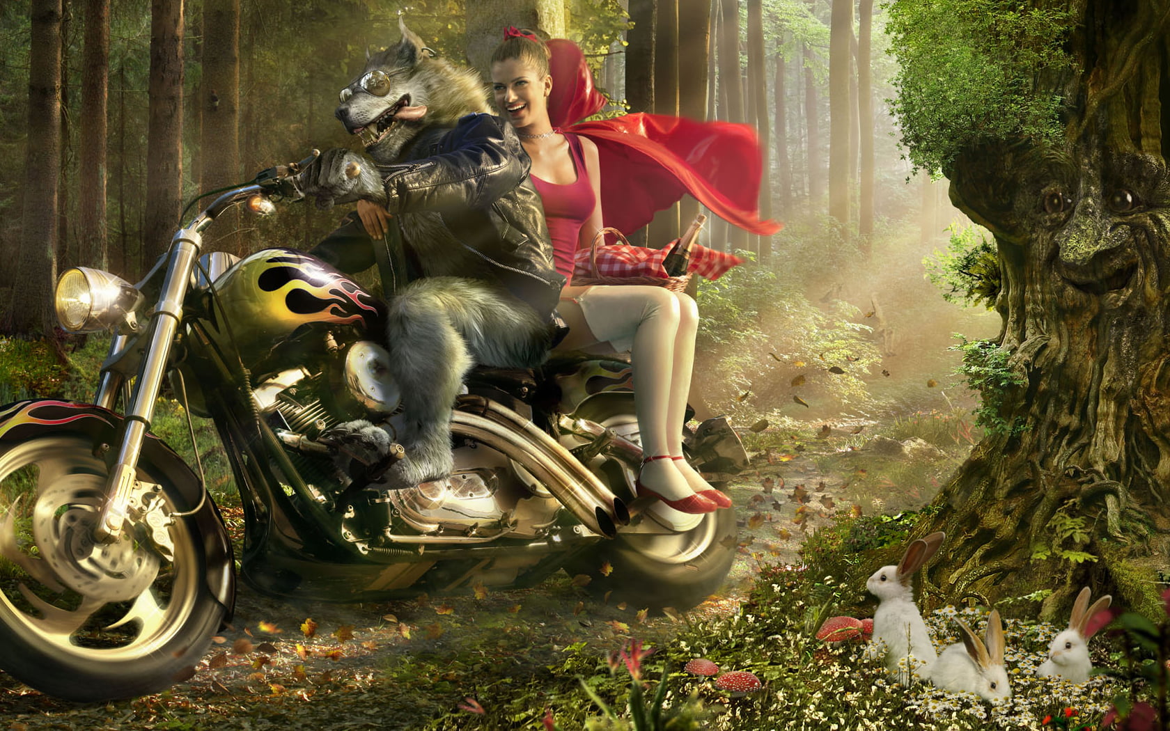 Little Red Riding Hood, animal wildlife, tree, forest, outdoors, human representation, creativity, digital art, rabbits, no people, artwork, smiling, motorcycle, HD Wallpaper