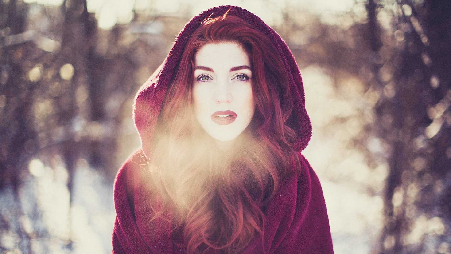 redhead, adult, lifestyles, long hair, Little Red Riding Hood, portrait, forest, women outdoors, cold, hair, 1080P, real people, focus on foreground, young adult, HD Wallpaper