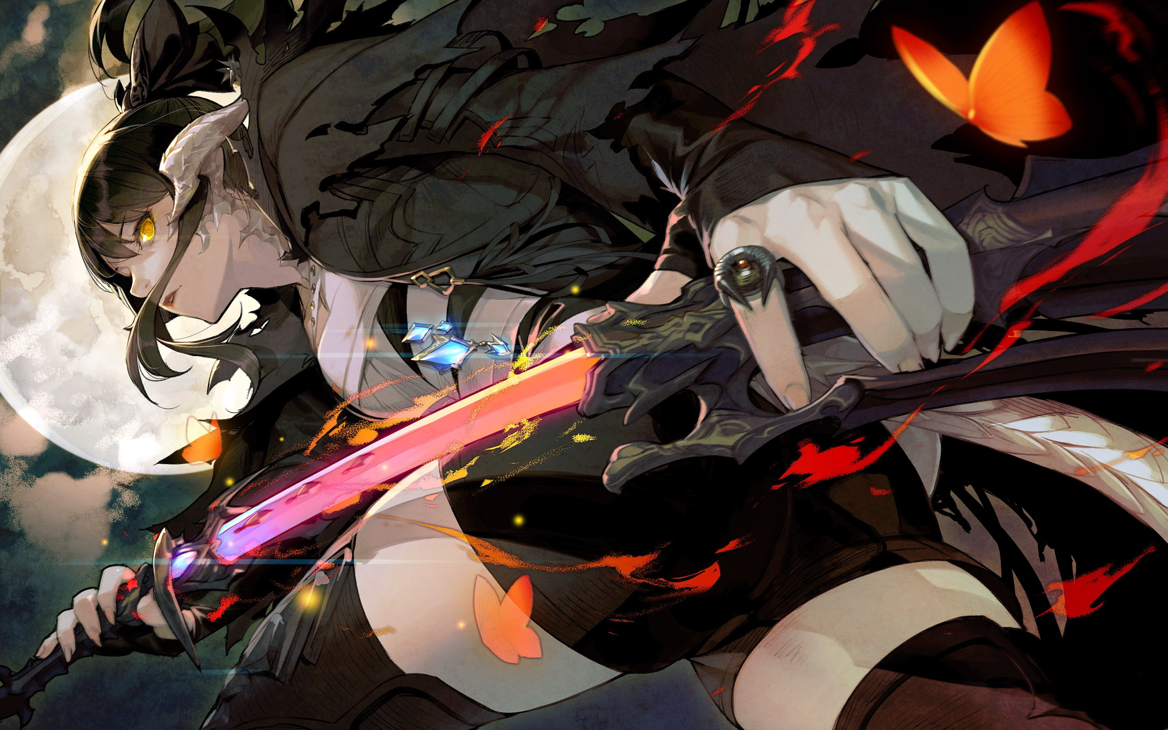 Final Fantasy, Au Ra, rings, long nails, short hair, butterflies, sky, anime girls, yellow eyes, Moon, anime, demon horns, clouds, 4K, dark hair, sword, HD Wallpaper