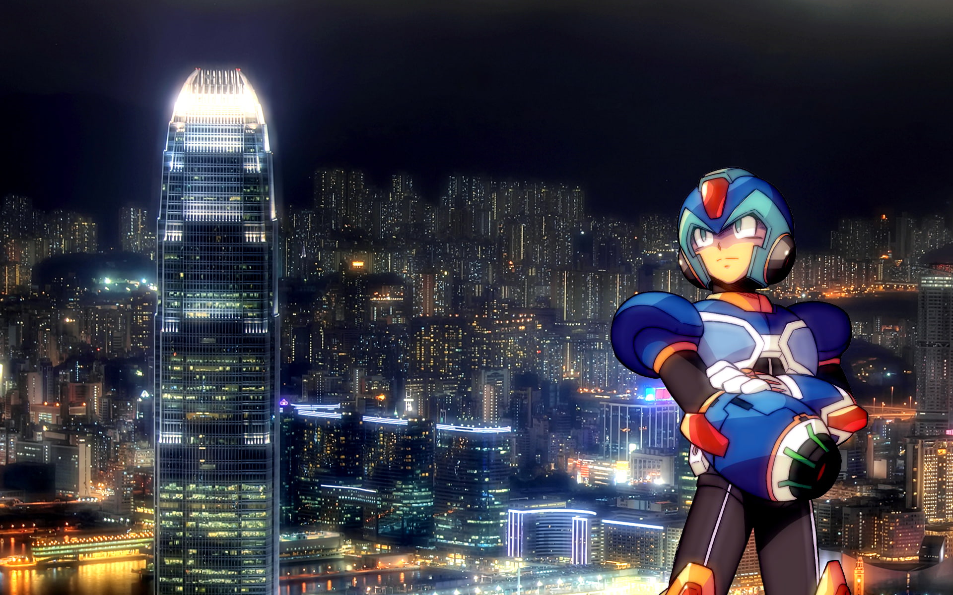 capcom, cityscapes, man, anime, nintendo, action, adventure, platform, 1080P, family, skyscrapers, megaman, sci-fi, mega, HD Wallpaper