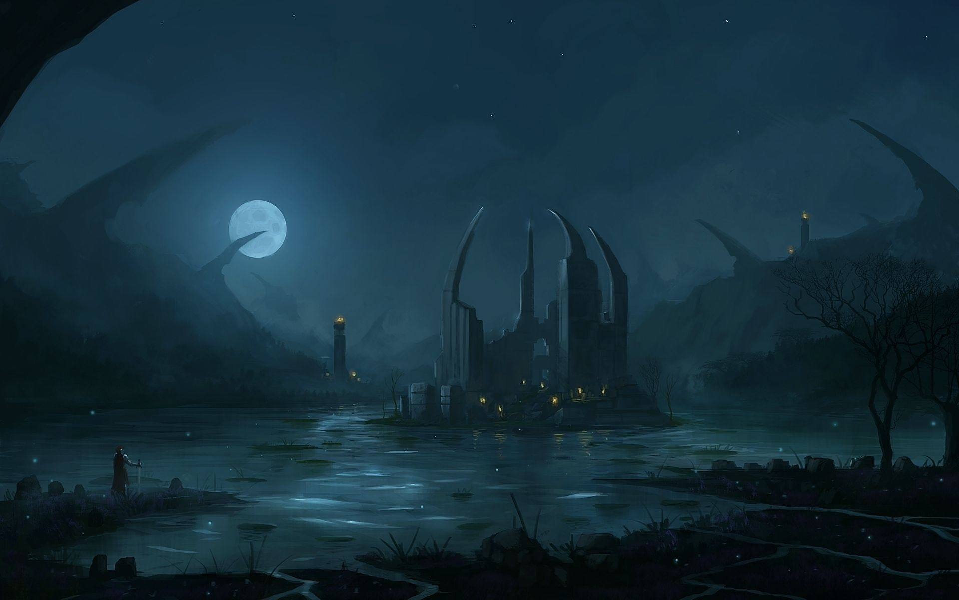 Sword, built structure, skyscraper, full moon, building, water, sky, planetary moon, sea, Claws, office building exterior, dusk, Moon, nature, outdoors, HD Wallpaper