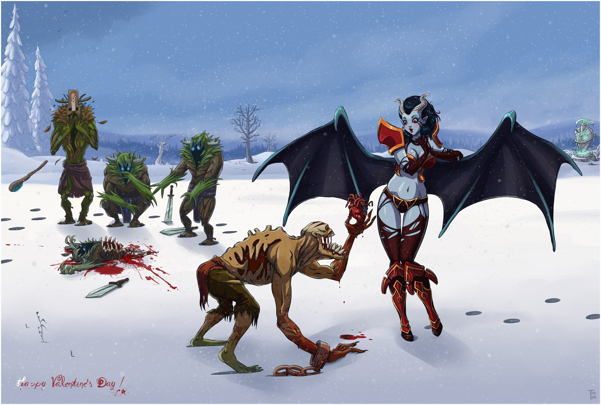 dota, 1080P, babes, day, demon, snow, valentine 039 s, monster, girl, sexy, winter, heart, fantasy, wings, blood, dark, HD Wallpaper