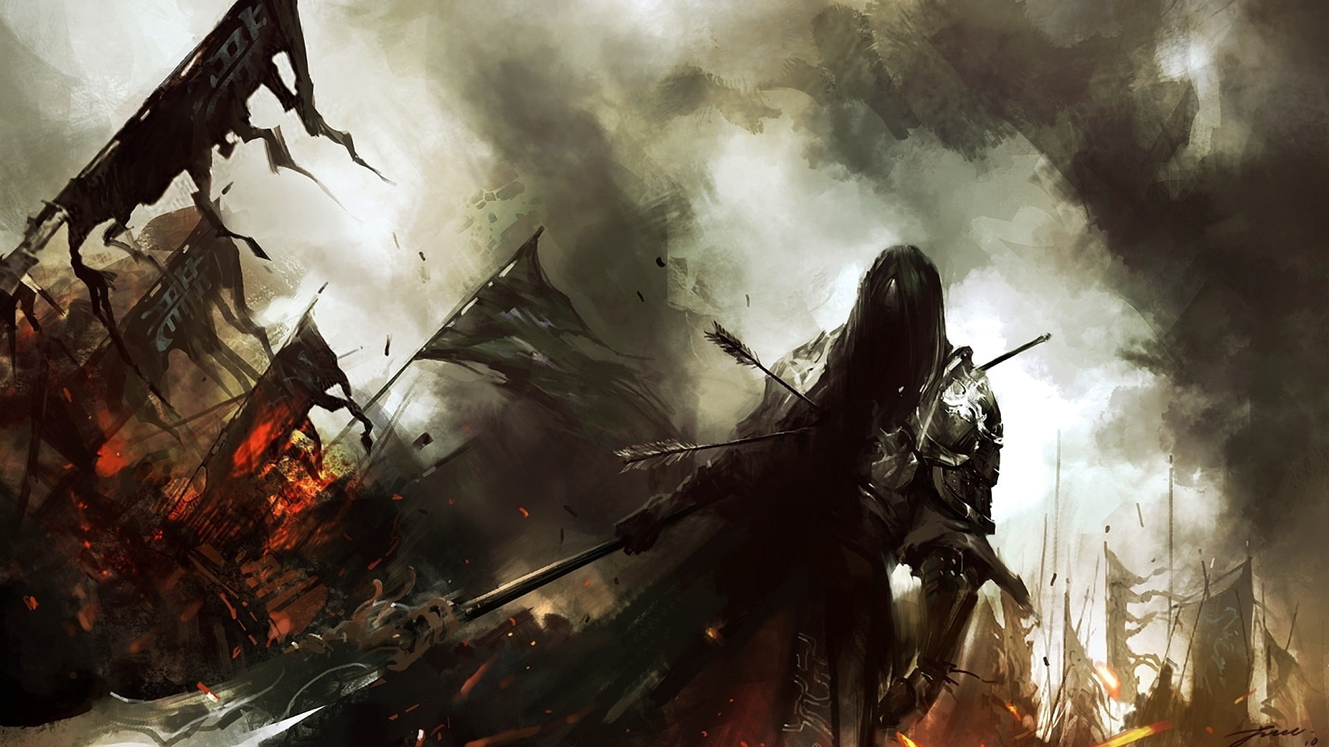 fire, fantasy, wenjun, battle, knight, art, warrior, lin, weapons, 1080P, dark, army, HD Wallpaper