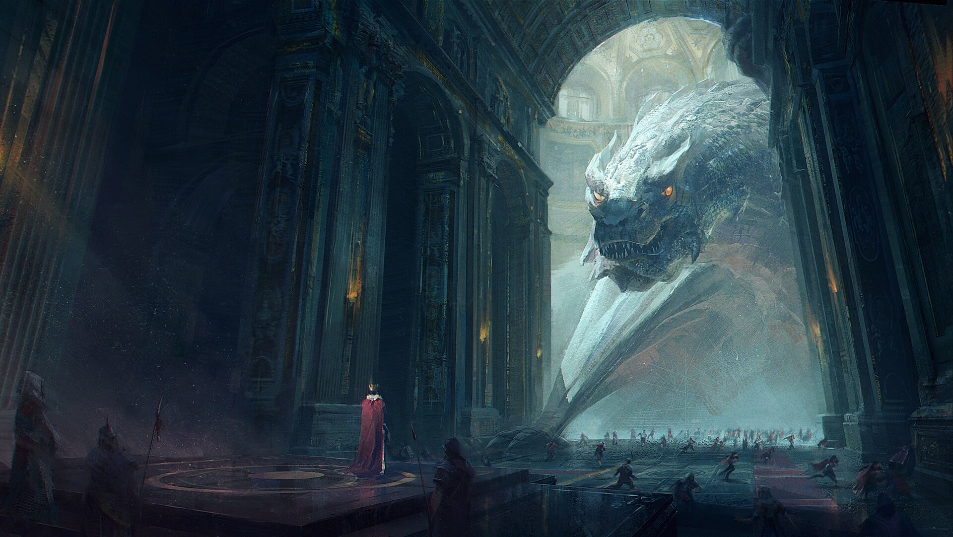 fantasy, pearls, 1080P, king, creature, people, spears, fantasy art, Dragon, crown, warriors, weapon, palace, soldiers, armor, hall, artwork, HD Wallpaper