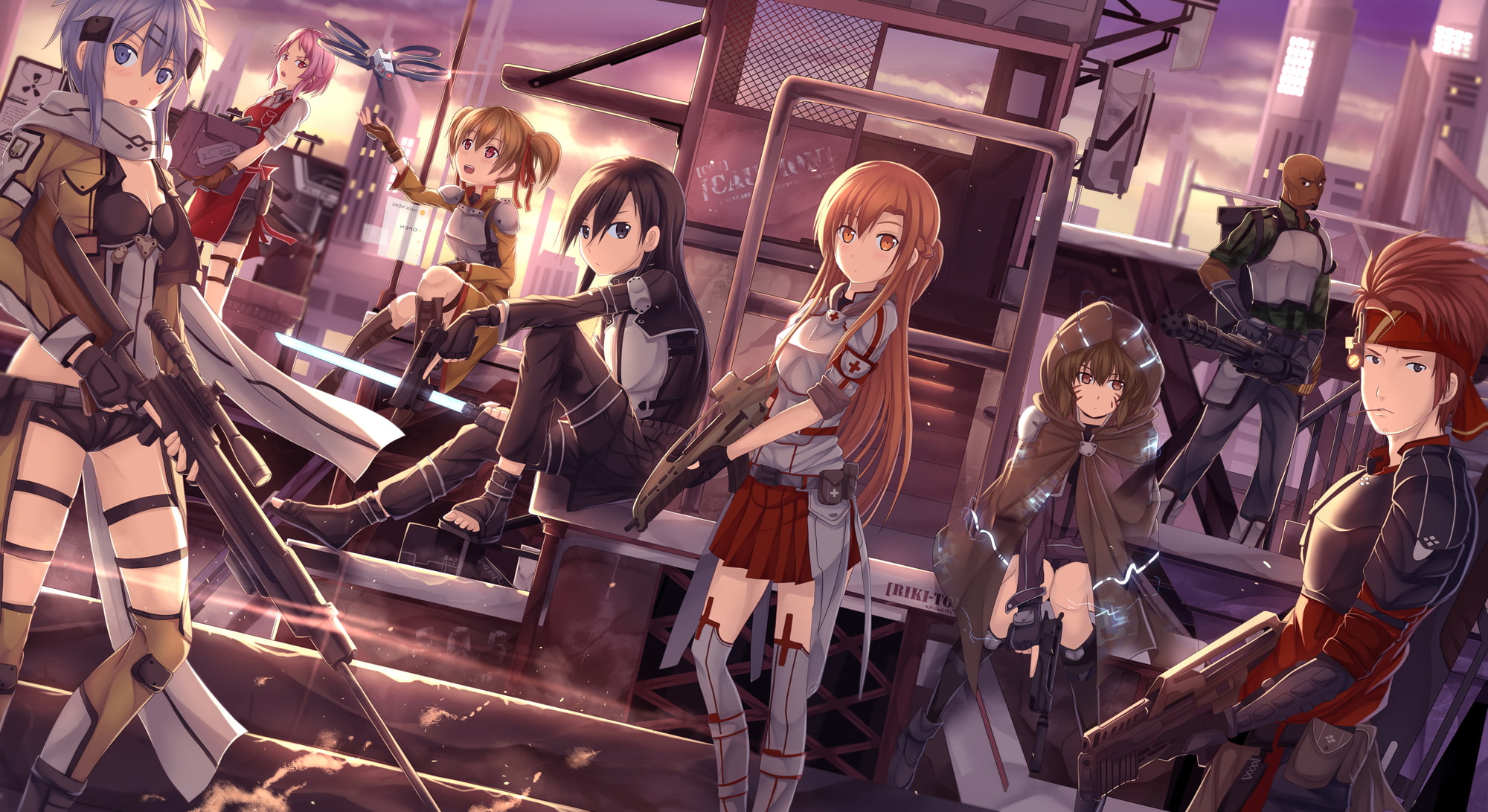 scarf, boots, kneehighs, riki, city, sao, gun, blue, weapon, online, art, hair, 1080P, apron, gloves, headband, stairs, eyes, long, twintails, sword, armor, HD Wallpaper