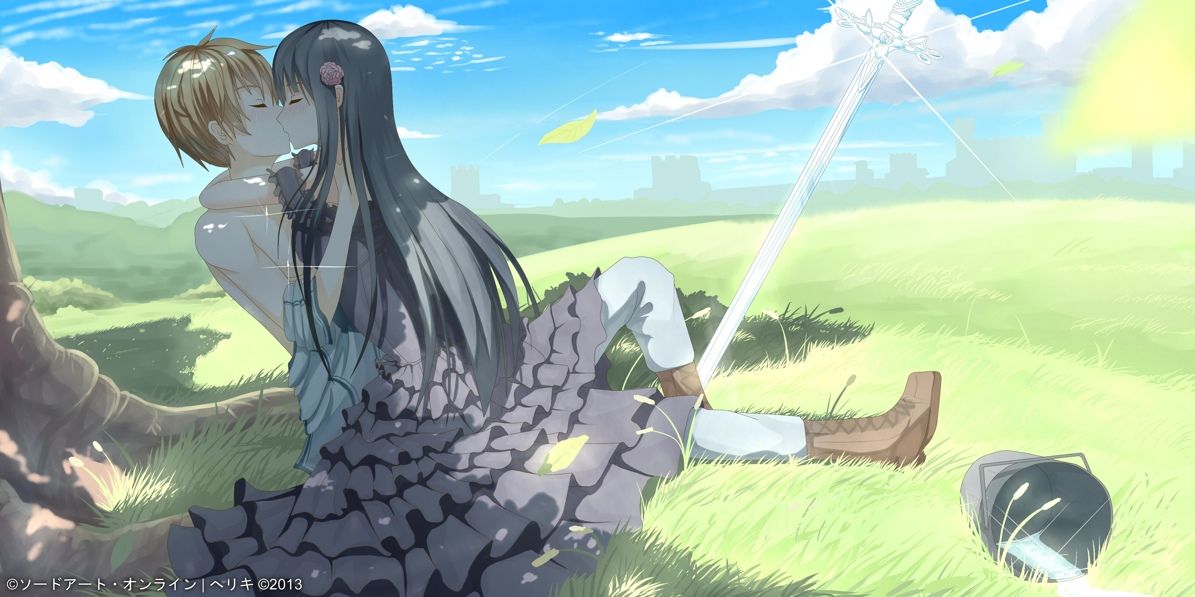 clouds, hair, artifacts, tree, grass, sky, watermark, long, blush, dress, boots, sword, black, riki, jpeg, kiss, original, 4K, weapon, HD Wallpaper