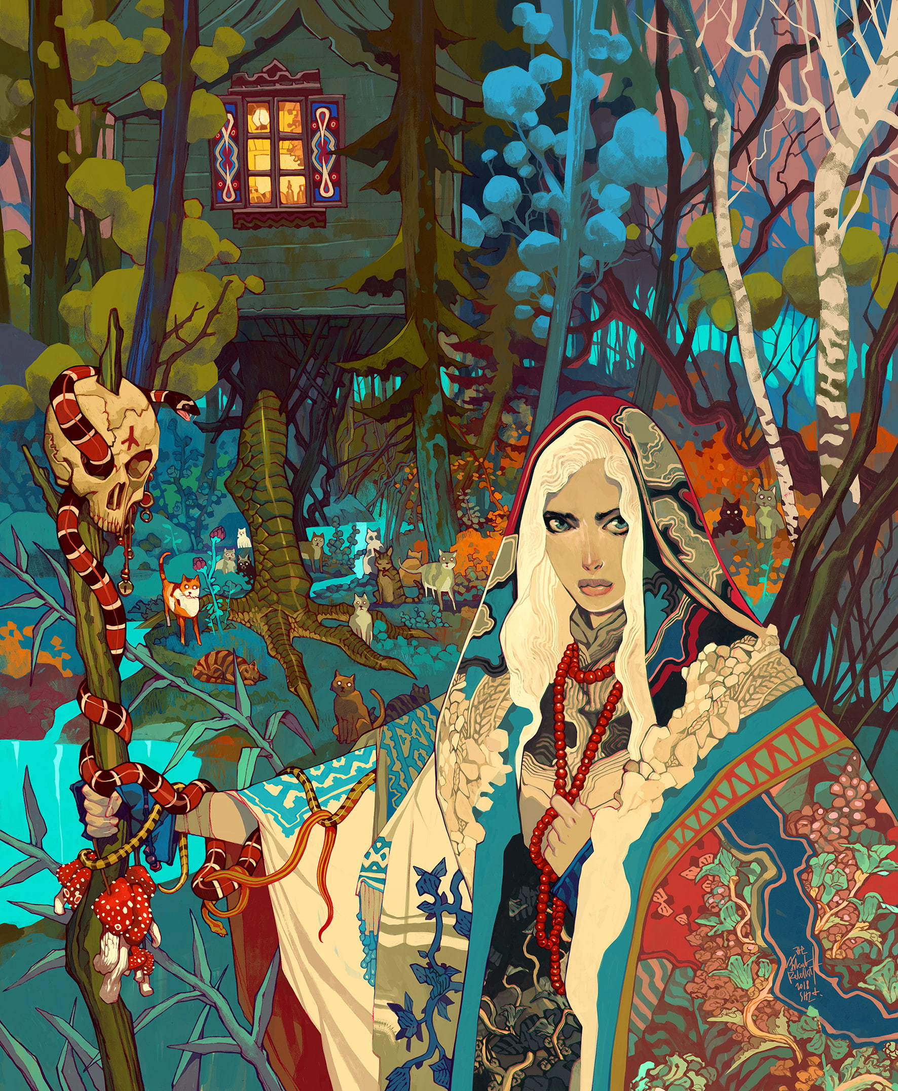 staff, snake, 1080P, women, colorful, cabin, skull, witch, Jakub Rebelka, forest, cat, fantasy art, Phone HD Wallpaper