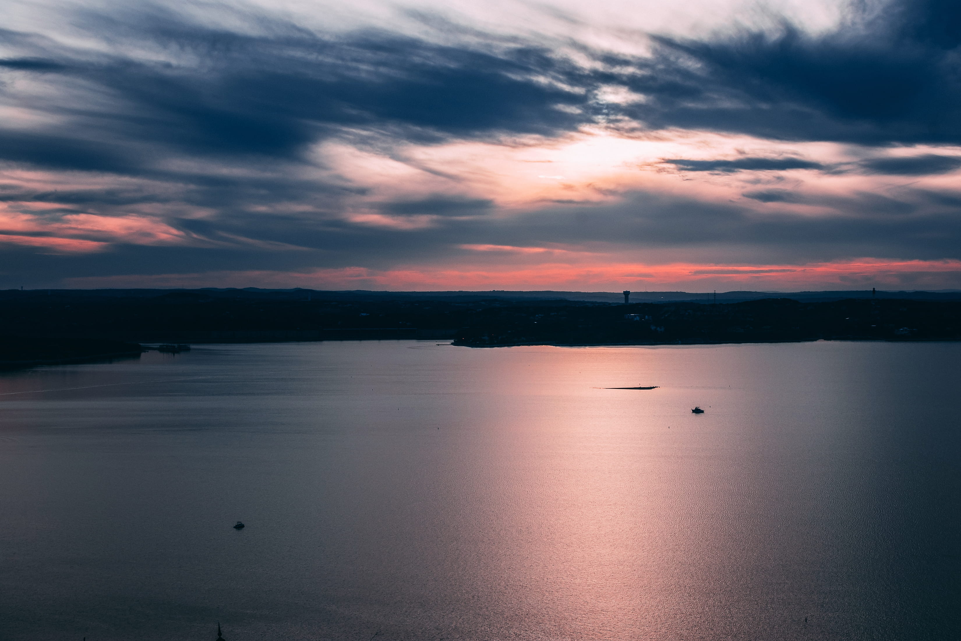 no people, cloud - sky, the oasis on lake travis, reflection, nautical vessel, water, scenics - nature, colors, trees, sunset, idyllic, mood, 2K, united states, HD Wallpaper