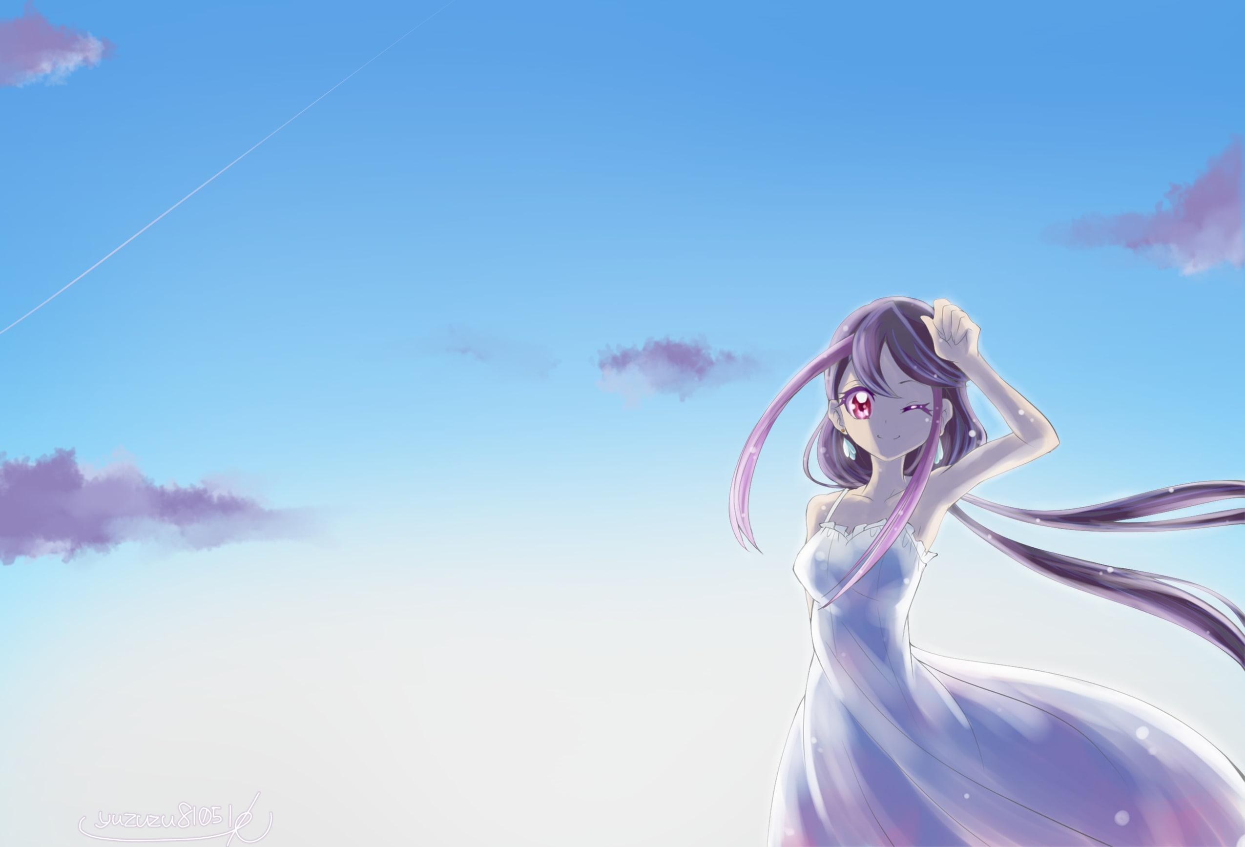 cloud - sky, fashion, white dress, kurosaki ruri, 1080P, young adult, smiling, adult, nature, day, women, hairstyle, one person, copy space, beautiful woman, HD Wallpaper