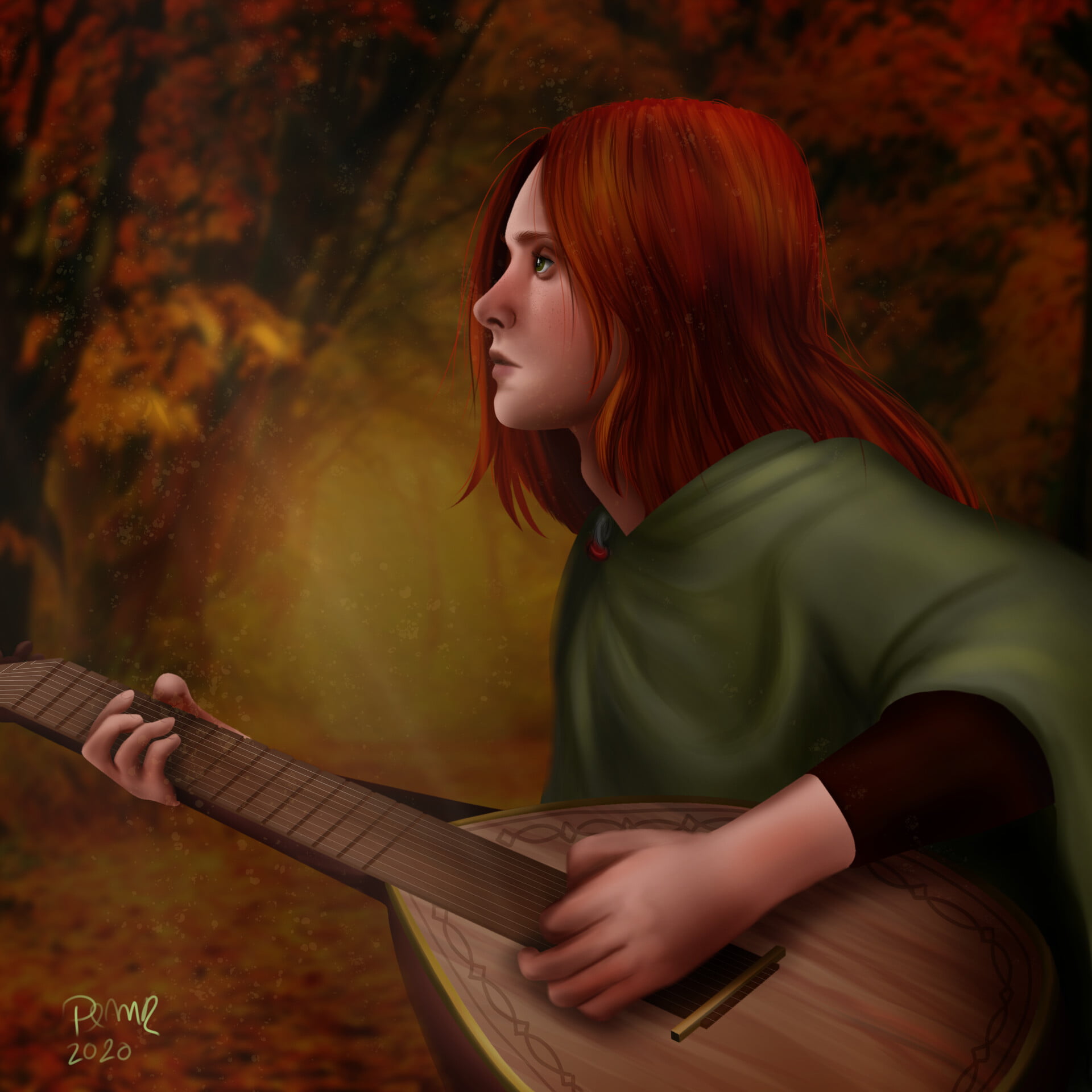 1080P, digital art, young woman, portrait, Paola Melendez Roca, redhead, digital painting, ArtStation, portrait display, Robe, Lute, The Kingkiller Chronicle, Phone HD Wallpaper