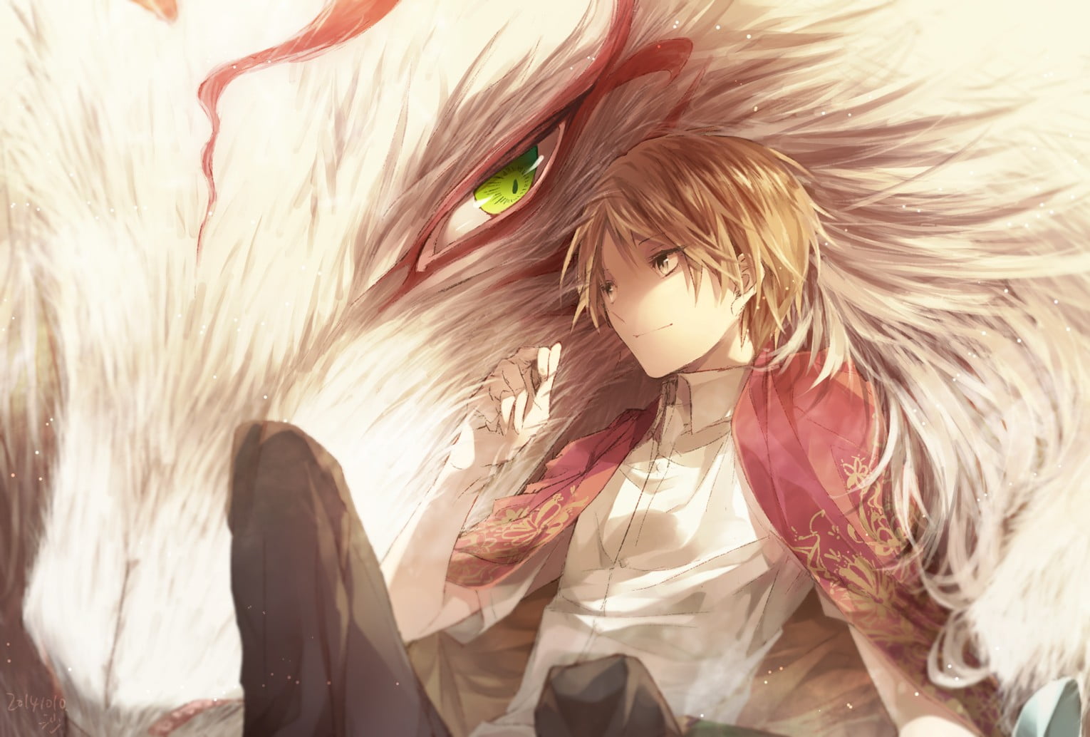 full frame, white color, day, blond hair, Takashi Natsume, nature, lifestyles, close-up, clothing, feather, boy, Natsume Yuujinchou, long hair, one person, HD Wallpaper