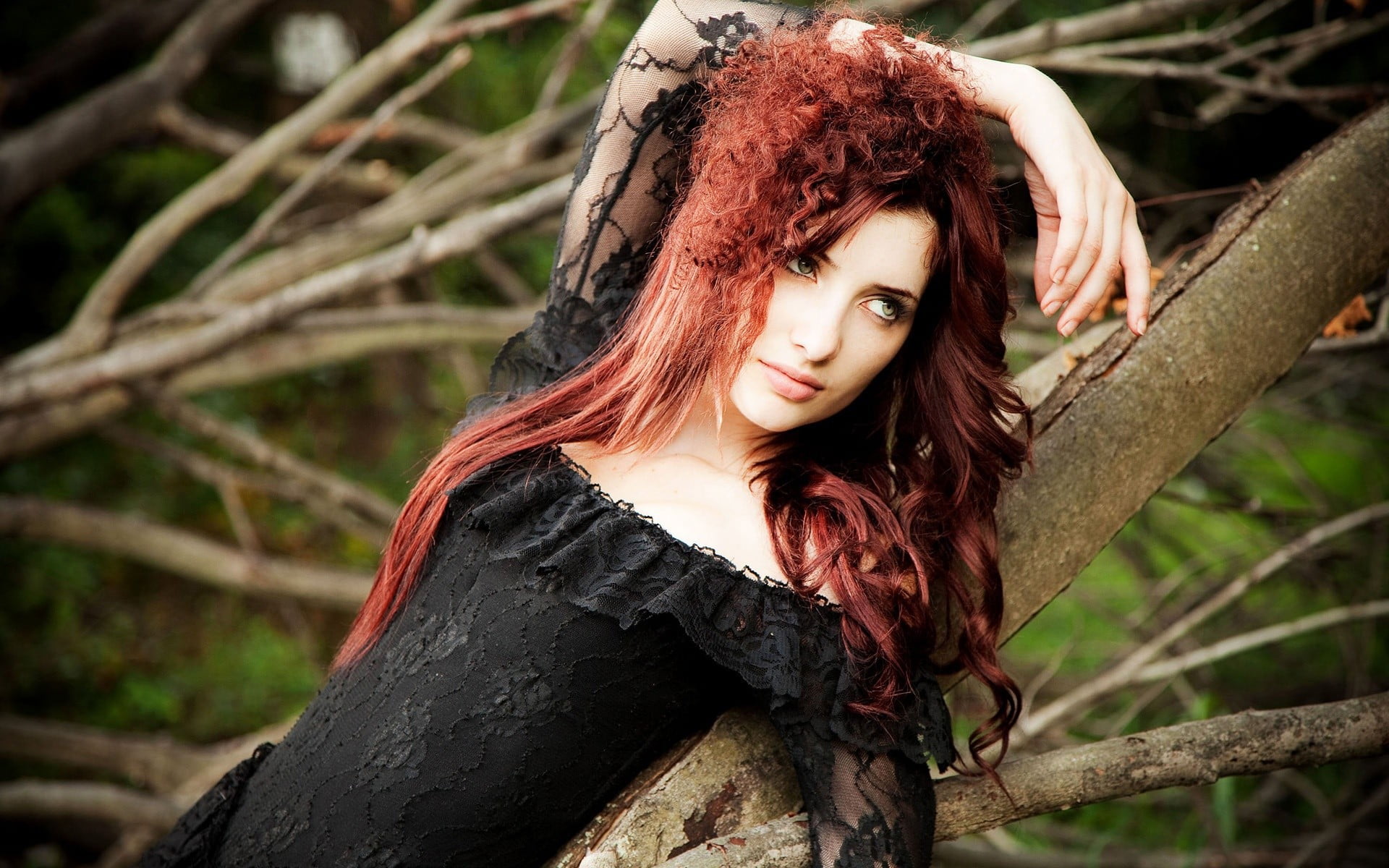tree, teenager, leisure activity, one person, redhead, black dress, focus on foreground, long hair, beautiful woman, looking at camera, women, adult, young adult, HD Wallpaper