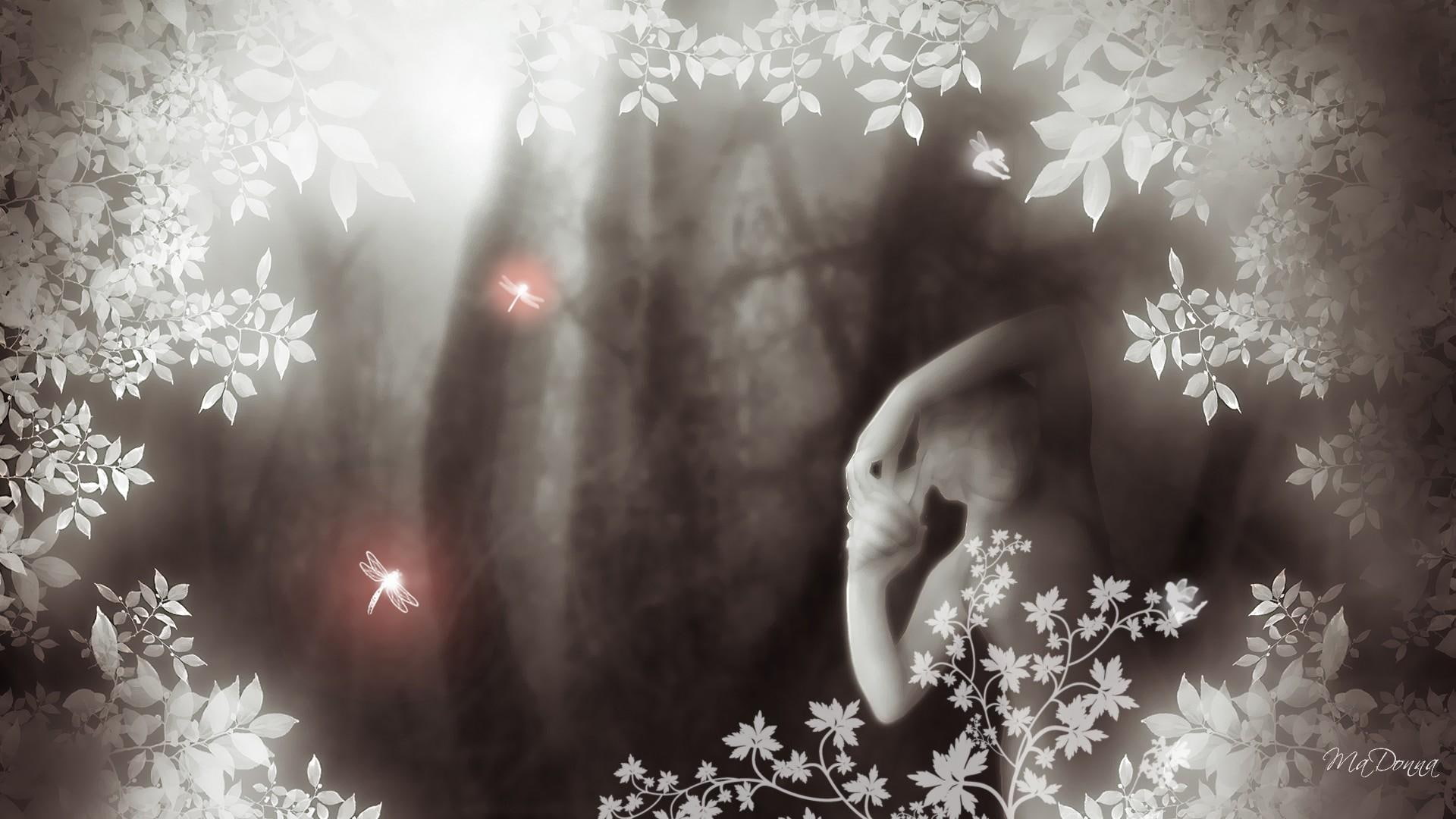 leaves, dragonfly, tree, dragonflies, 3d and abs, firefox persona, effects, garden, light, goth, statue, art, 1080P, gothic, HD Wallpaper