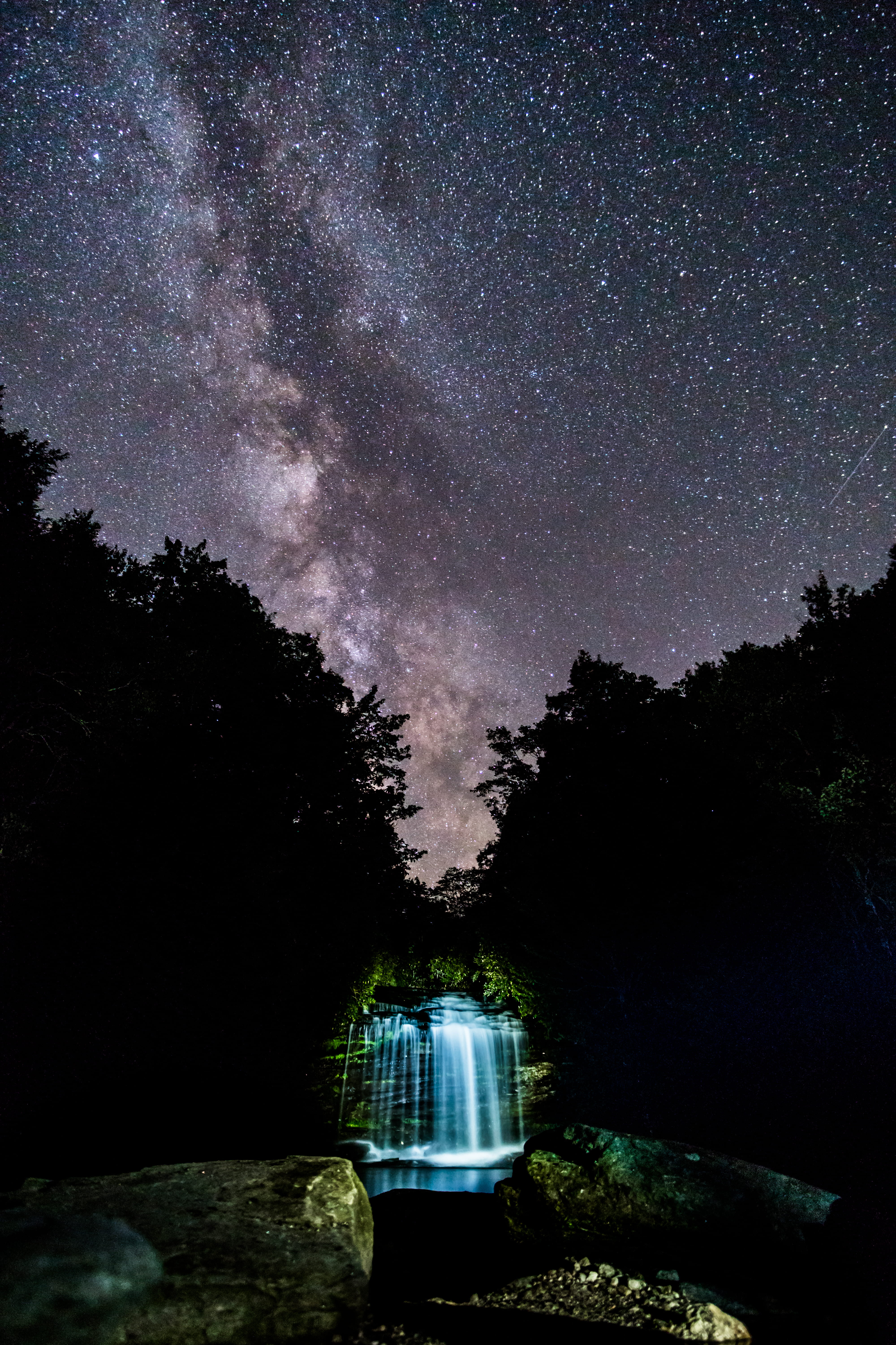 starry, milkyway, milky way galaxy, silhouette, milky way, 5K, rock, scenics - nature, space, waterfall, sky, star - space, beauty in nature, outdoors, Phone HD Wallpaper