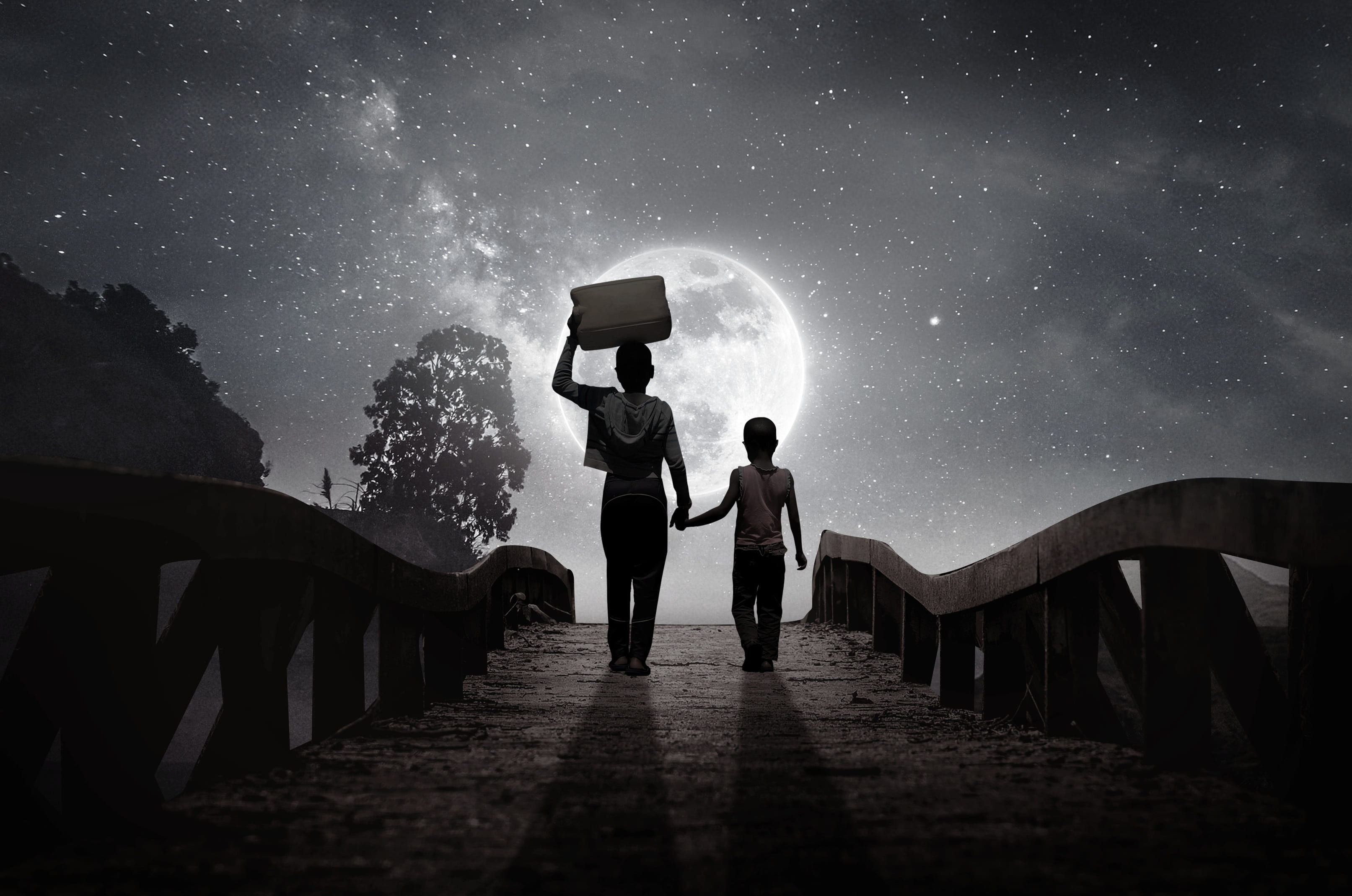 black, dark, togetherness, digital, holding, children, emotions, women, universe, scenics - nature, cut, child, nature, real people, sky, box, HD Wallpaper