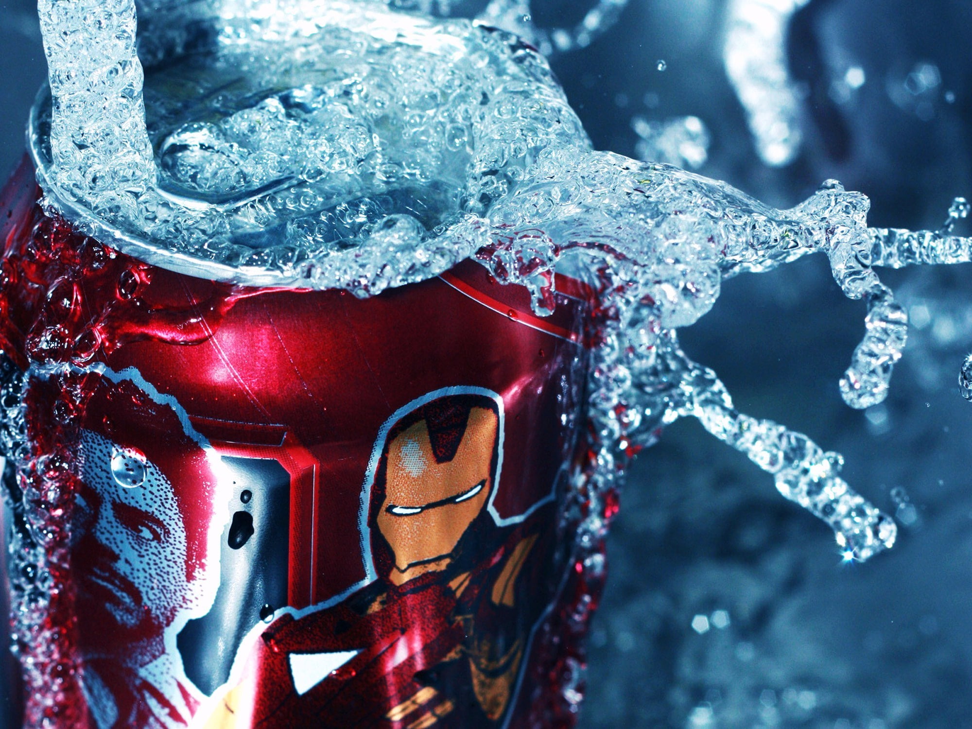 Bank, Iron Man, 1080P, water, red, tin, squirt, HD Wallpaper