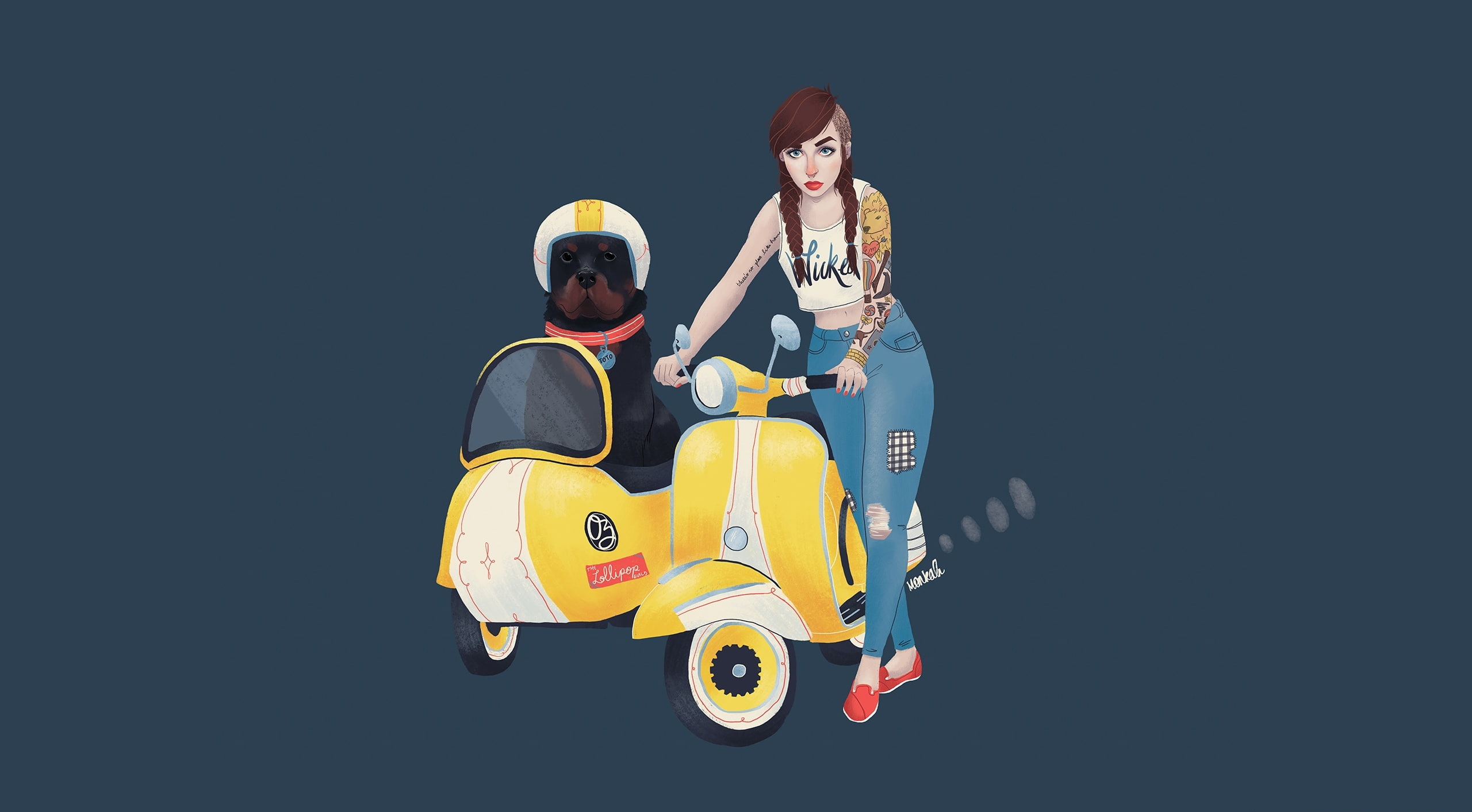 Vector Art, 2K, Illustration, Drawing, Girl, Dorothy, Design, Badass, nowadays, Toto, Cool, Fairytales, Lady, scooter, Aero, Modern, HD Wallpaper