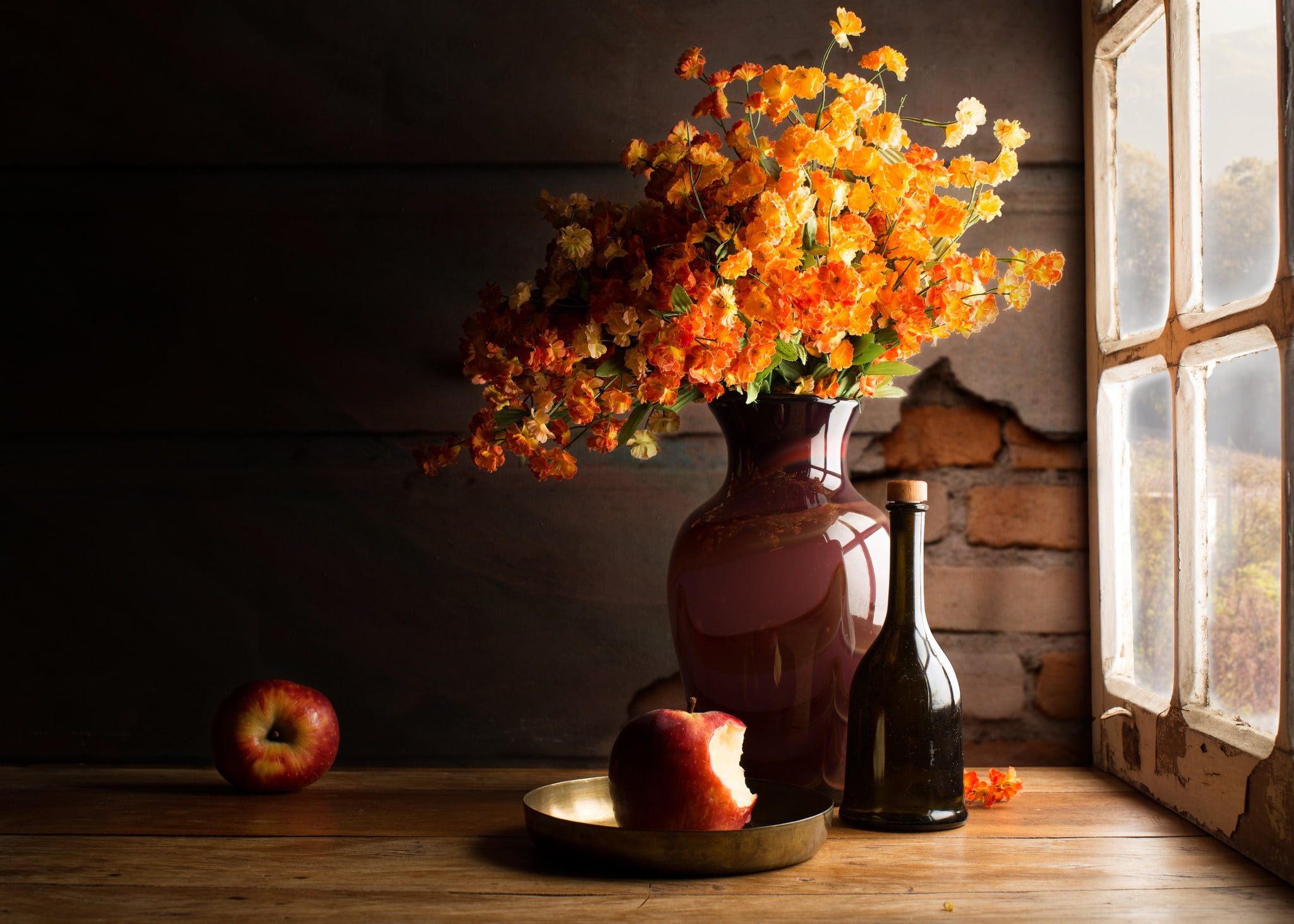 ceramics, glass, still life, 1080P, bricks, wall, window, yellow, plate, bouquet, bottle, table, pitcher, flowers, the dark background, orange, vase, apples, HD Wallpaper