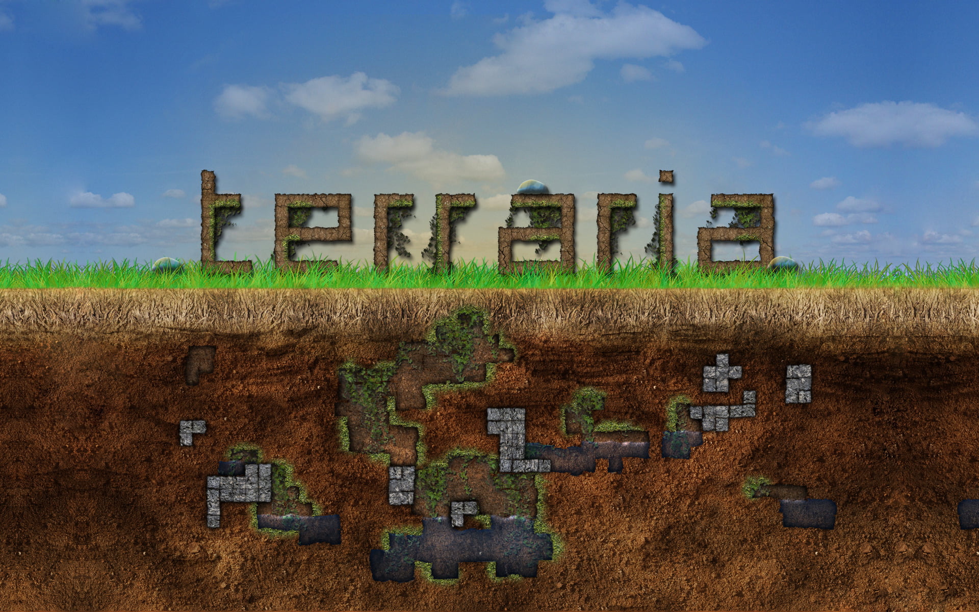 built structure, Video Game, day, communication, sky, Terraria, building exterior, obsolete, environment, architecture, ruined, building, text, grass, landscape, HD Wallpaper