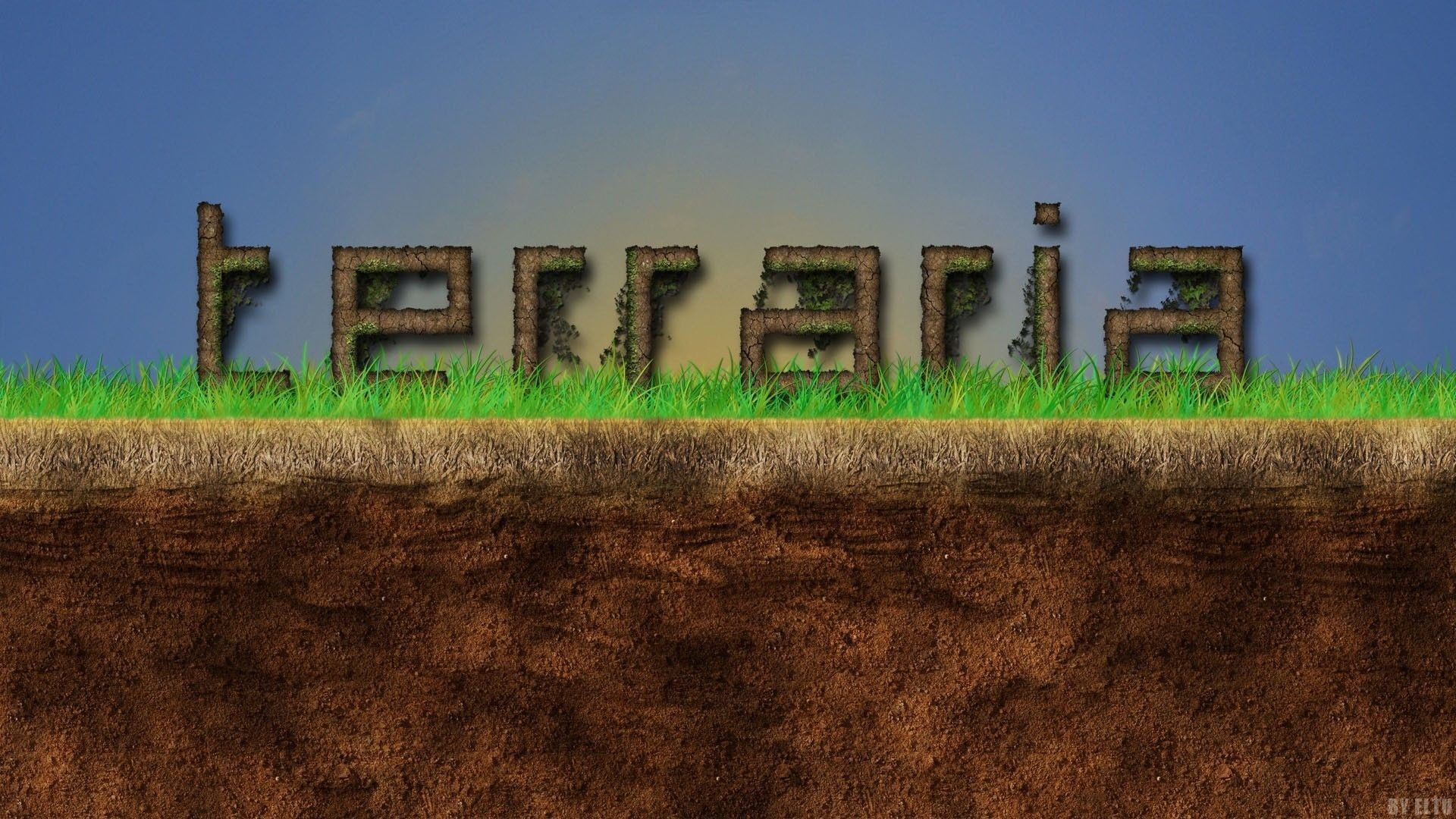 day, land, environment, blue, landscape, clear sky, no people, built structure, nature, western script, text, communication, terraria video games, grass, HD Wallpaper